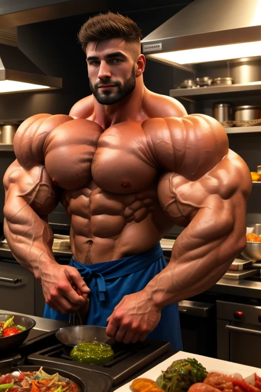 1 attractive super strong sexy guy with a lot of muscle., completamente desnudo, utiliza un mandil de chef, revelador, sexi, aceitoso.