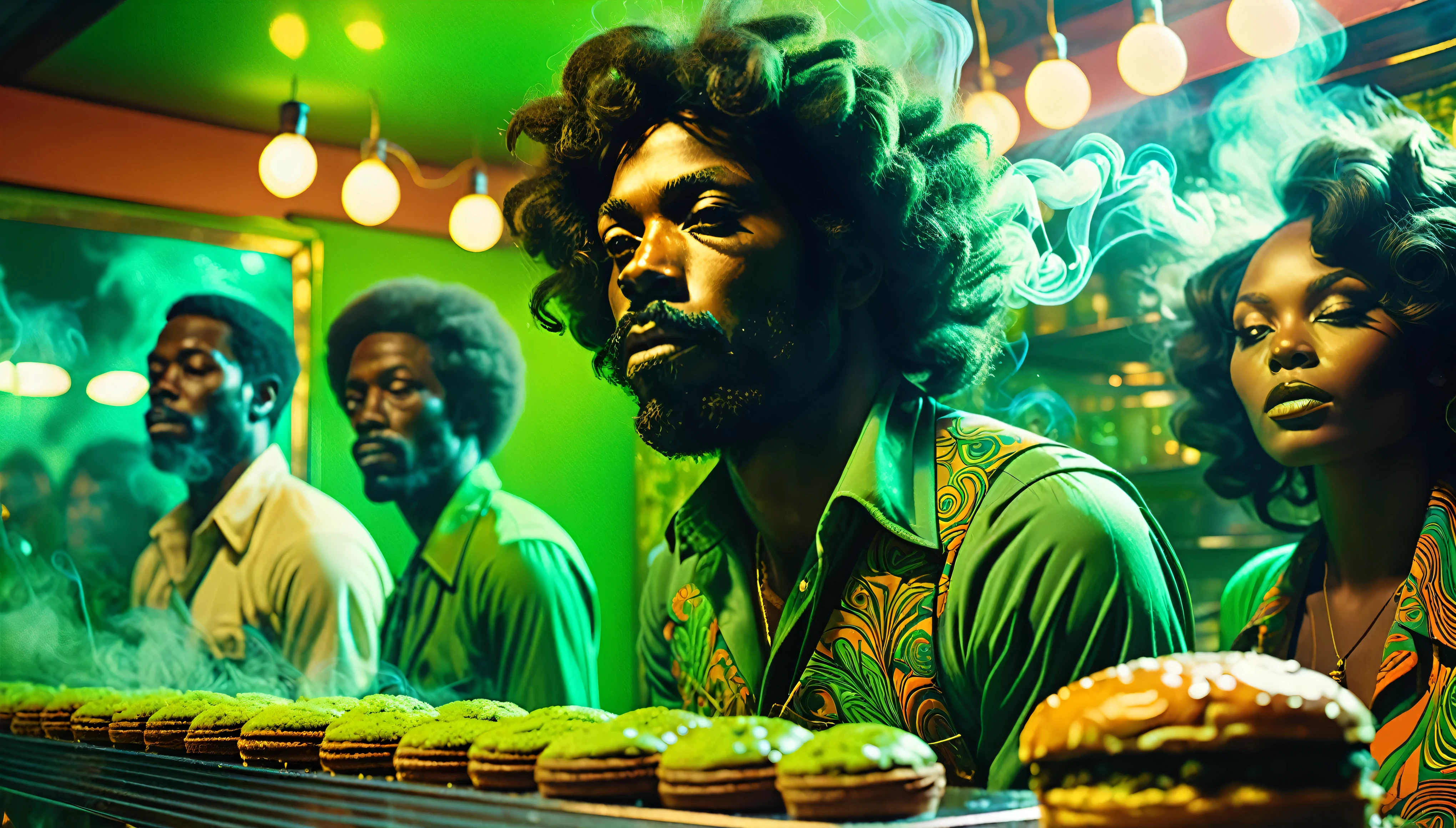 1970s psychedelic marijuana bakery, African-American people, green smokey atmosphere, 35mm, atmospheric perspective, depth of field, cinematic lighting, reflection light, backlighting, masterpiece, anatomically correct, textured skin, super detail