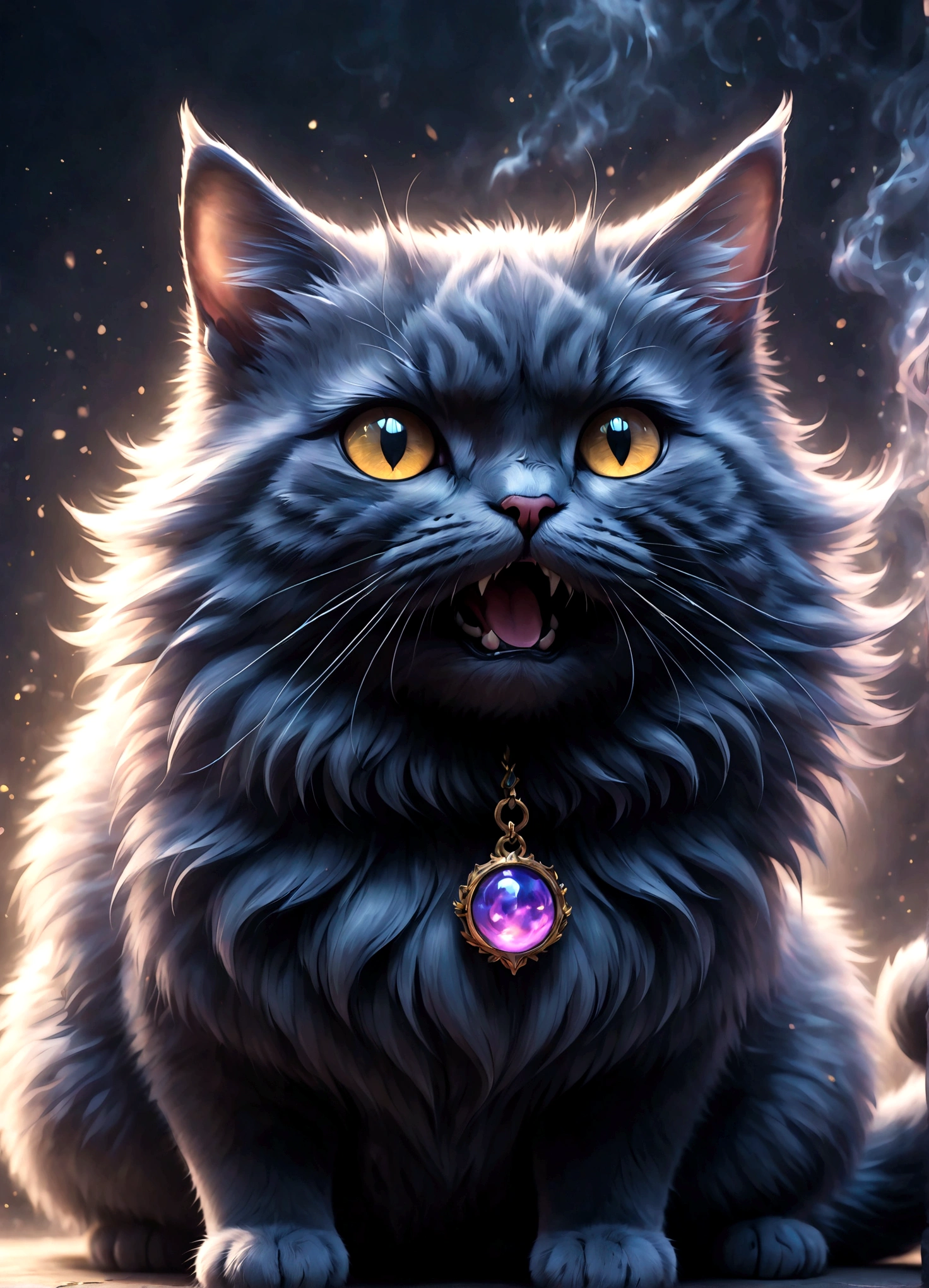 Photo of a cat that hates humans,(Cat 1,Photoreal,focus on reality,disgust that cannot be hidden,(Sense of distrust),(anger),(disgust),open your mouth,(threatening behavior),(Cat Punch: Motion Blur),Create a background with the image of disgust,Swirling black mist,(masterpiece:1.3),(highest quality:1.4),(ultra detailed:1.5),High resolution,extremely detailed,unity 8k wallpaper,fluffy cat