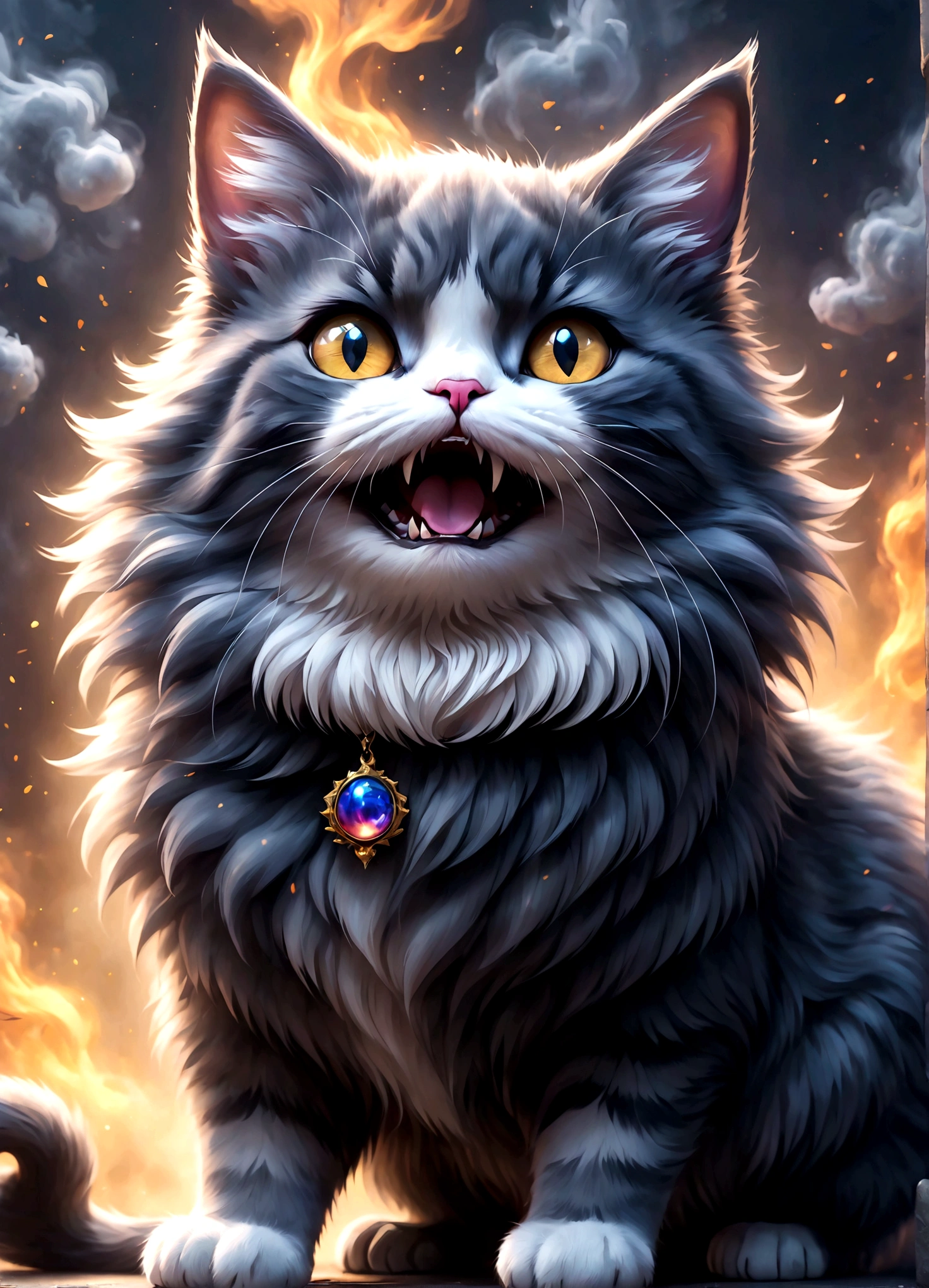 Photo of a cat that hates humans,(Cat 1,Photoreal,focus on reality,disgust that cannot be hidden,(Sense of distrust),(anger),(disgust),open your mouth,(threatening behavior),(Cat Punch: Motion Blur),Create a background with the image of disgust,Swirling black mist,(masterpiece:1.3),(highest quality:1.4),(ultra detailed:1.5),High resolution,extremely detailed,unity 8k wallpaper,fluffy cat