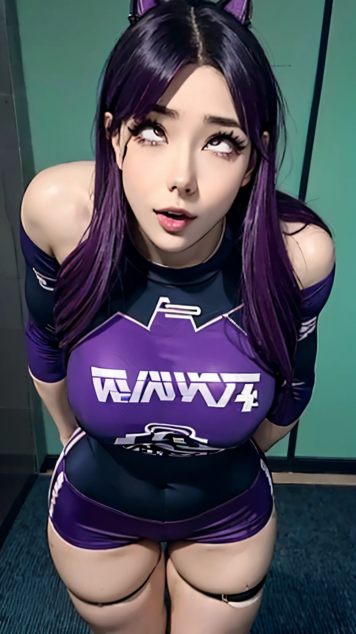 20 year old anime woman, purple hair, purple eyes, thin waist, outfit is tight and shows off her physique. Thigh gap, perfect ass, round ass, athletic physique. (4k) (High definition) (Ultra high resol)