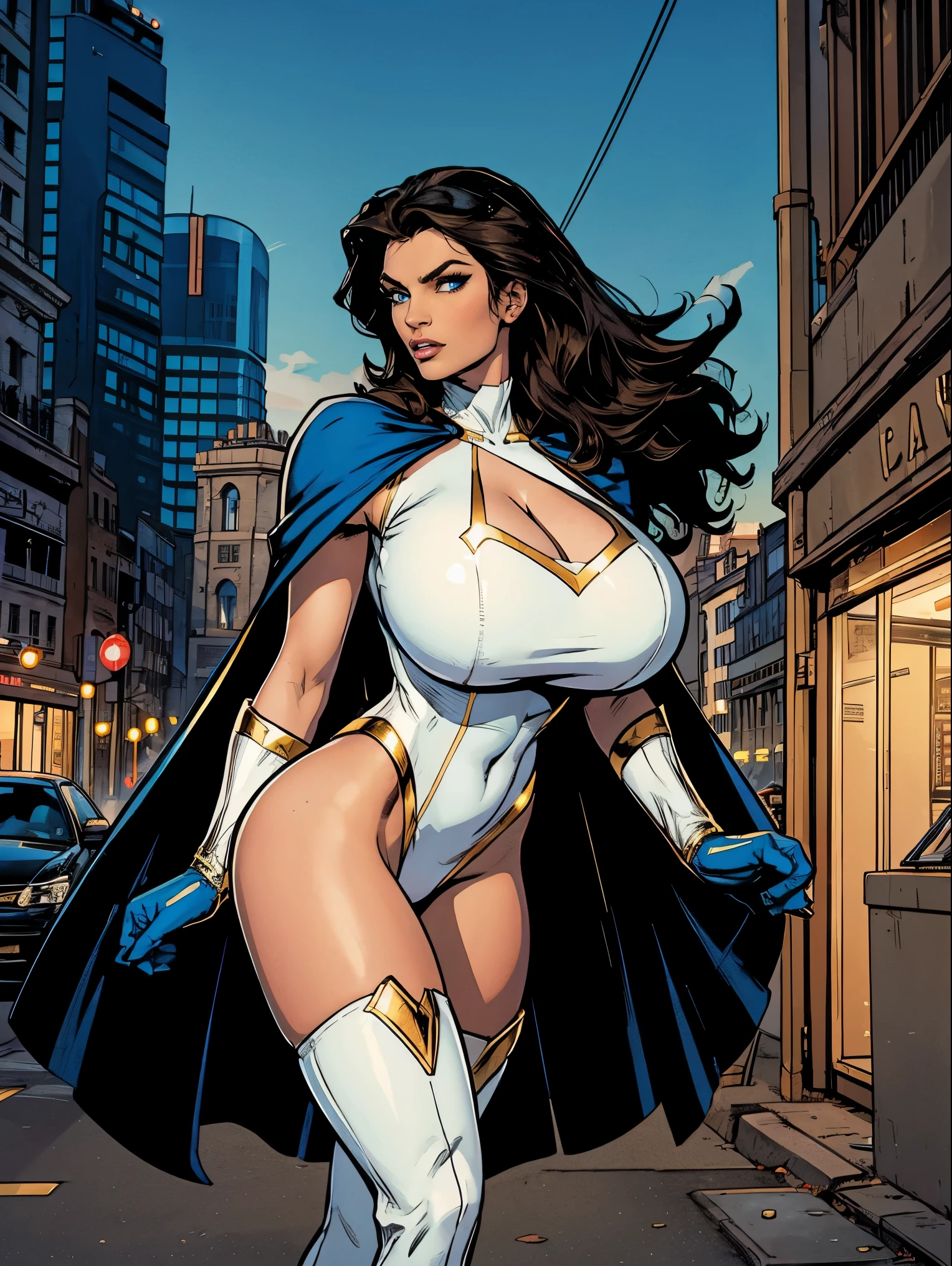 Gorgeous and sultry busty athletic (thin) brunette with sharp facial features wearing a white and gold superhero leotard, dark blue cape, gloves, thigh-high boots. Standing, city street.