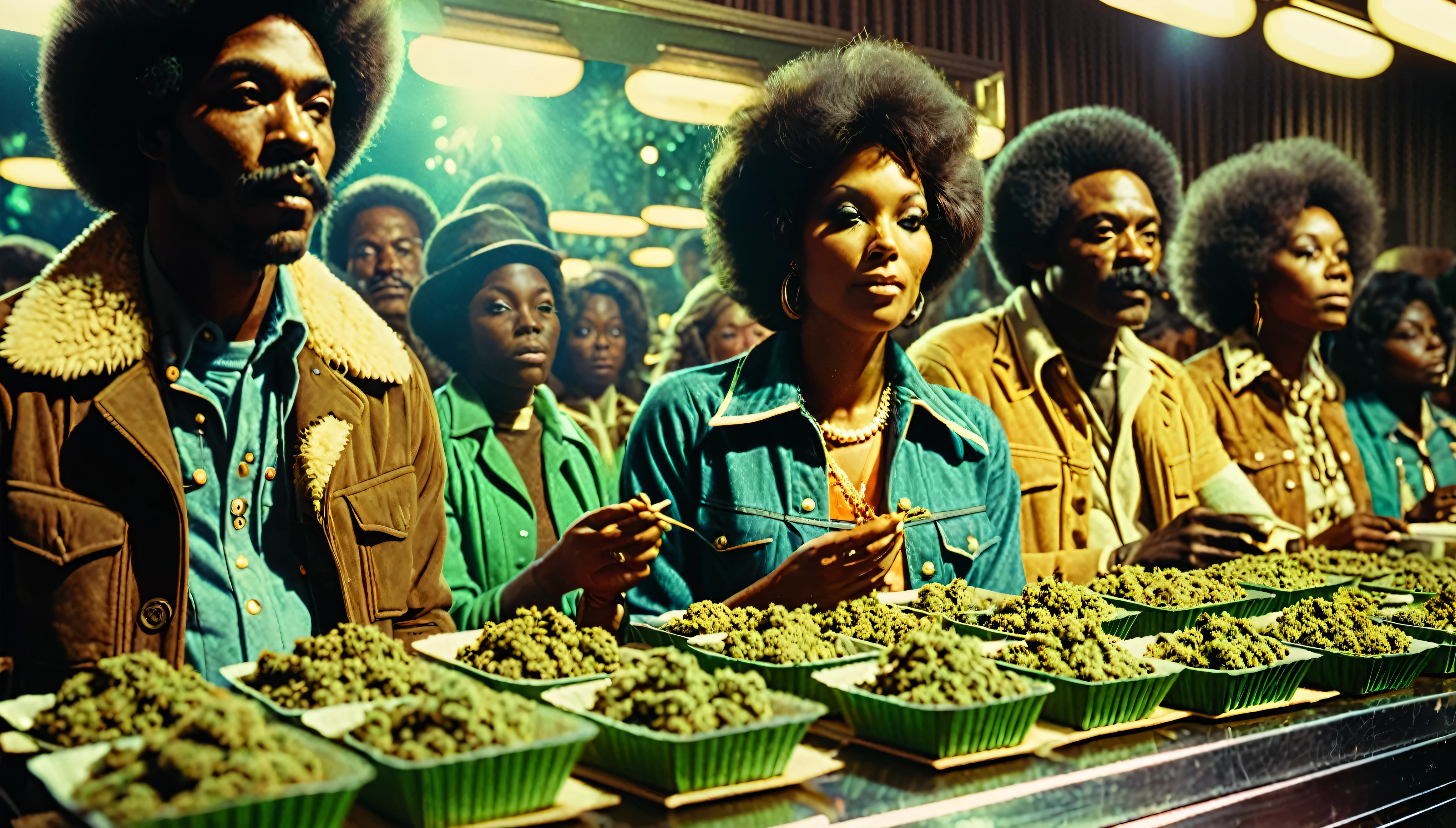 1970s marijuana bake sale, African-American people, 35mm, atmospheric perspective, depth of field, cinematic lighting, reflection light, backlighting, masterpiece, anatomically correct, textured skin, super detail