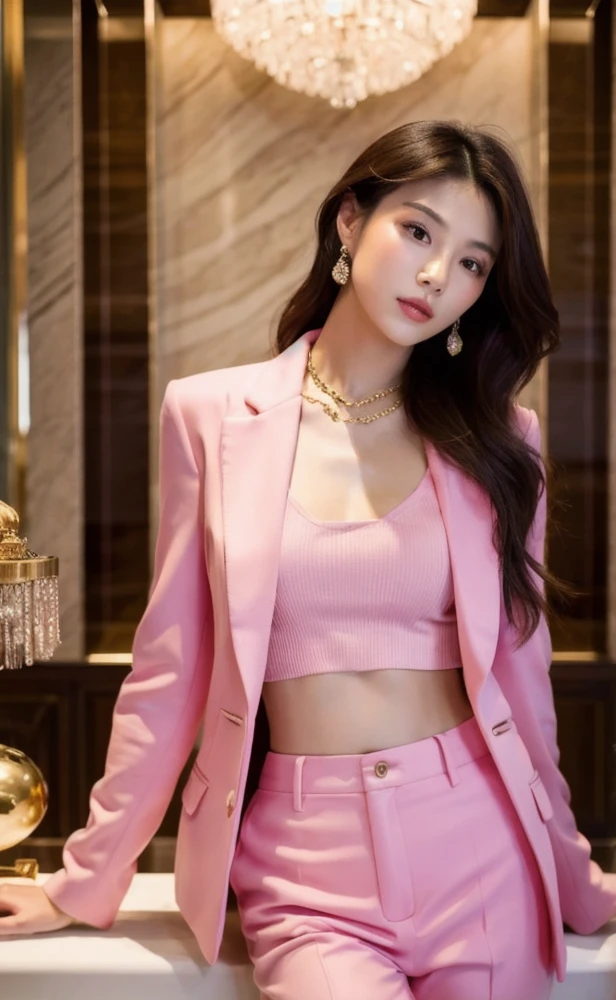 A woman wear pink suit, tight skrit, Gorgeous Chinese model, good girl, beautiful asian girl, In a luxury jewelry store,