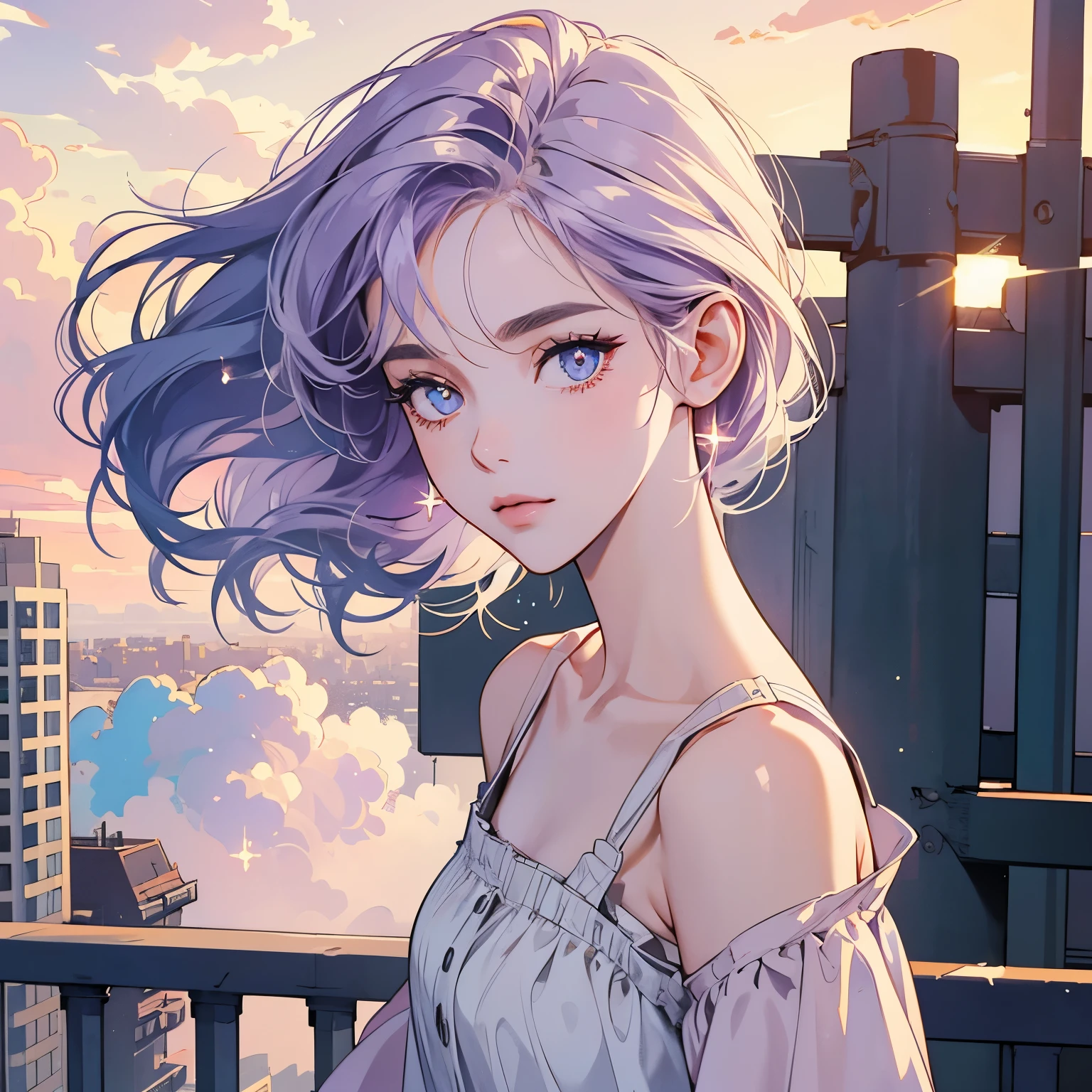 Upper body, 1 Woman, Top Quality, 14k, wind blowing, white camisole, sunset, skyscraper, power lines, crosswalk, sign,(((sparkling eyes))), (((mysterious))), pale purple hair, detailed hair, detailed background, top quality, light lighting, backlight, dim, clouds, front, (((overhead shot))), looking at viewer backlight, dim, clouds, frontal face, looking at viewer,Various hairstyles,Very beautiful women, Noble,Apartment balcony,Various angles