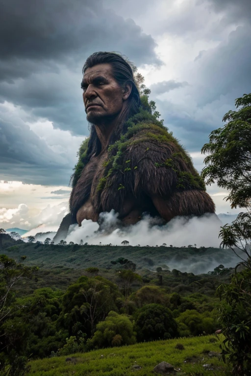 Imagina un paisaje en el municipio de Gigante, Huila, con las cordilleras en el fondo, covered with lush vegetation. En el centro de la imagen, there is the Matambo Giant, an imposing and majestic figure of enormous size, much taller than the surrounding trees with long hair, ondulado y de un color oscuro, fluyendo libremente con el viento, con Ojos Brillantes, como si emitieran luz propia, standing out on your face, una Voz atronadora con eco alrededor de su boca y Cuerpo Musculoso y fuerte, mostrando su poder y fuerza bruta. The Giant is in the middle of throwing an indigenous man from the Michu tribe towards the mountain ranges. The indigenous can be seen in the air, with an expression of surprise and fear with a dramatic sky atmosphere, perhaps with dark clouds and lightning in the distance, to accentuate the atmosphere of the legend, dense vegetation, with tall, leafy trees around the Giant. Las cordilleras al fondo, adding depth and geographic context to the scene.