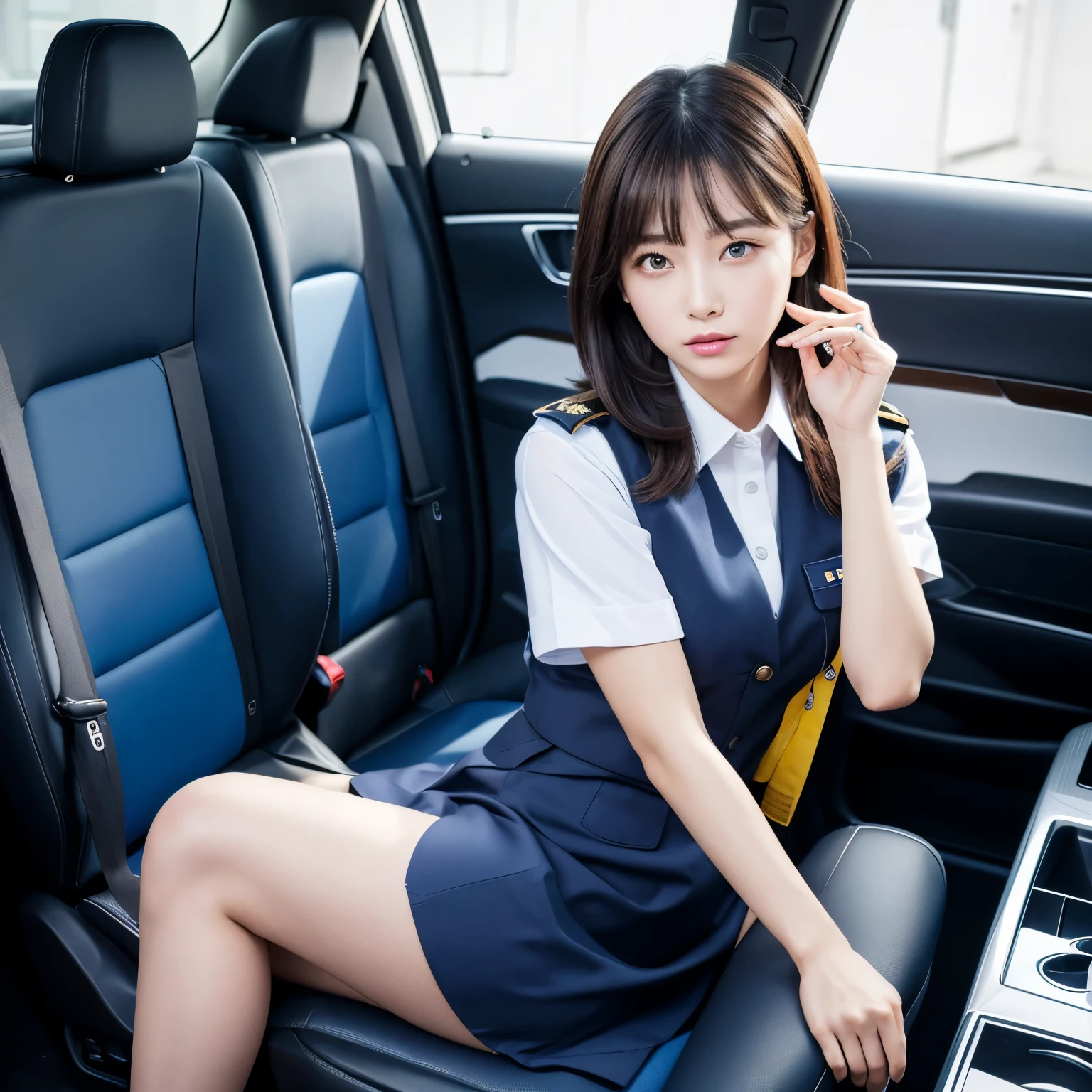 (Highest Resolution, clear_Image 1.2) 、(Beautiful girl with golden ratio face)、(Very lively eyes、earth eye 1.2)、Great essentials, Attention to detail, Bob Hair、Lip gloss、Very beautiful girl、 alone, Beautiful girl like a model、Woman in uniform, Tight Skirt、Police uniform, board member, Wearing a uniform and sitting on a chair、Blue Uniform, Bobby、security guard、Black Pantyhose、Inside the police car、Assistant seat