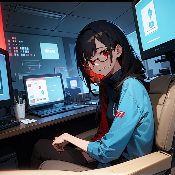 , middle breast, black hair, red eye, light brown skin, sky blue shirt, sitting in front of computer, smiling, hacker, glassess, very very dark room, extremely beautiful, masterpiece