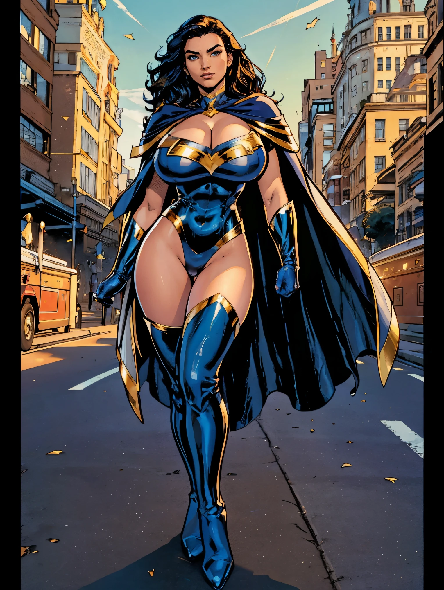 Gorgeous and sultry busty athletic (thin) brunette with sharp facial features wearing a white and gold superhero leotard, dark blue cape, gloves, thigh-high boots. Standing, city street..