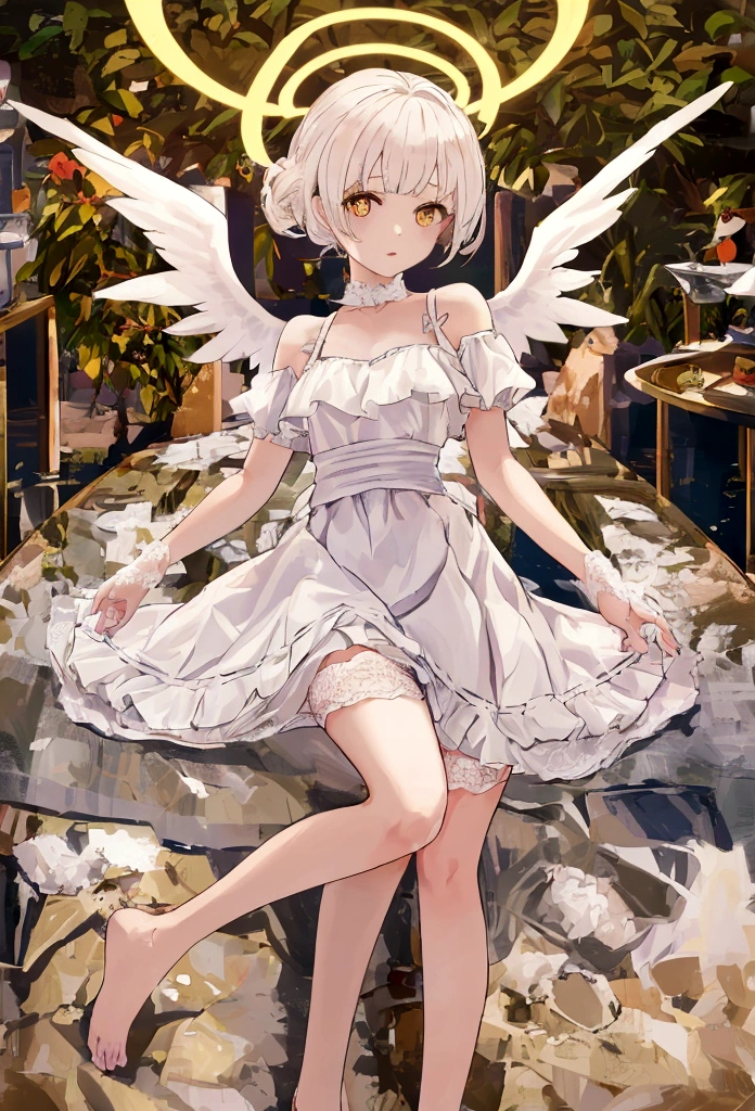 (high quality) (最high quality) (woman) (Correct physiognomy) (5 fingers on each hand) (Two Arms) (Two-eyed) woman, White hair with bangs on forehead, She has four little angel wings coming out of her head. , Two on the left、Two on the right, Two angel wings growing from her back, She has a golden halo behind her head, Golden Eyes, Soft lips, middle aged, White dress with shoulder straps, An angled skirt cut that exposes one leg, 写真の場所 womanは森の真ん中にいるはずだ, Photographic lighting: sunlight, Whole body proportions, The whole body is in the photo, Two Arms, 2 legs only