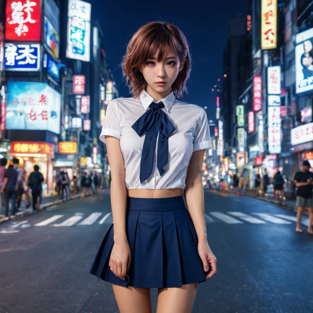 (8k, RAW photo, masterpiece:1.3), (realistic, photo-realistic:1.37), (night), (looking at viewer:1.331), (bloody hair), posing, Tokyo street, nightcityscape, cyberpunk city, soft light, nudegirl, extremely beautiful face, bust, put down hands, Random hairstyle, Random expression, big eyes, lower abdomen, (short-sleeved .JK_shirt), JK_style, (dark blue short JK_skirt), (bow JK_tie), mix4., best quality, awesome breasts