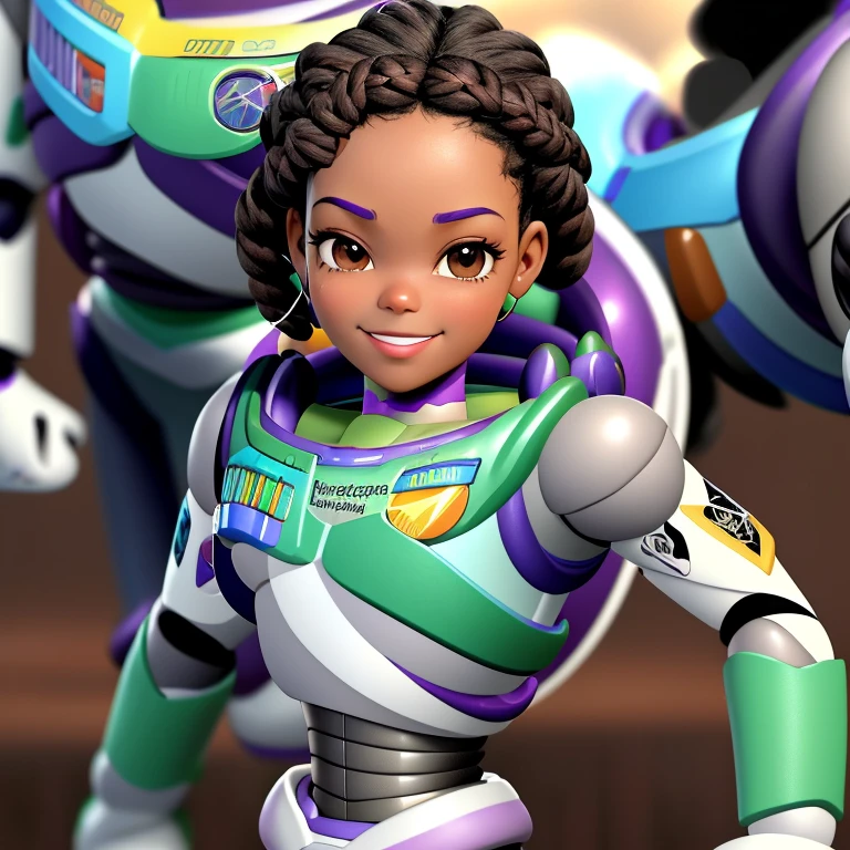 masterpiece, best quality), deep ebony 1girl, beautiful face, short Afro braids , cute, , beautify, Lofi vibe,, cute day vibe, concentrated, hands outside of the picture, Toy Story vibe vibe , buzz light year cosplay clothing, cute look, clothing is dry and baggy, small breasts, teen vibe, cute smile, 