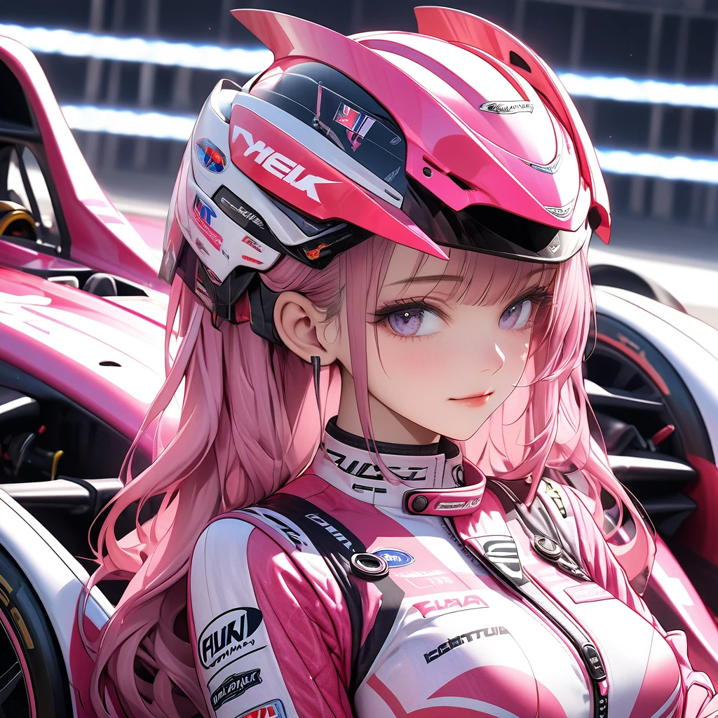 High resolution digital CG image, a beautiful futuristic girl is posing in front of a futuristic racing car,The girl has long hair with a mixture of white and pink hair.She is wearing a pink racing suit with mecha-style decorations, and there are many sponsor logos on the suit.The pink color racing car is a four-wheeled formula car type with a canopy in the cockpit.It has a futuristic cyber-like body shape and numerous sponsor logos on the body. circuit starting grid background, (holding a full face type pink helmet under her arm :1.2)、striking a cool pose next to her car.、Cybertic expression of the future, the texture of beautiful hair, the luster of skin, the beauty of eyes, the luster and texture of a racing suit, the beauty of the racing car body and mechanical expression,(master piece4k, 8k,best quality1.2)ultra detail