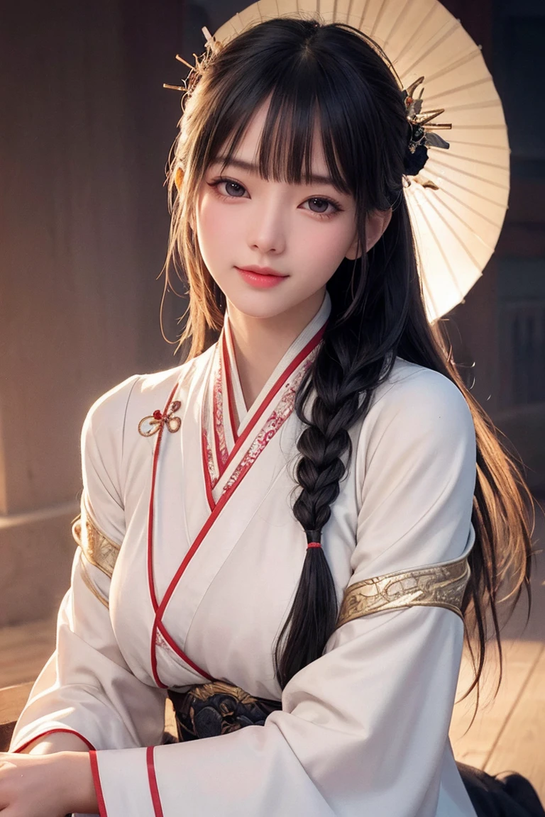 Face close-up, Ultra-fine face,woman, Chinese style, Ancient Wind,Hanfu, Sitting pose, Long white hair, Delicate clothing patterns, grace, Gorgeous, grace, smile,Sky Sky, ribbon,Sense of brokenness, It is, Bubble, Double up braid, Hairline, Diagonal bangs, hair band, hair ornaments,Sparkling, Cinema Lighting, Hyper HD, High resolution, 最high quality, 8k, High detail, high quality, Super Detail, Anatomically correct, masterpiece, Accurate,plump,Landscape painting,screen