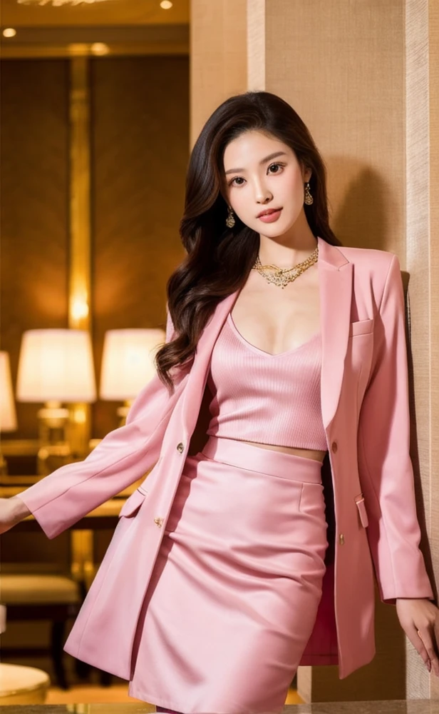 A woman wear pink suit, (tight skirt), Gorgeous Chinese model, beautiful asian girl, In a luxury jewelry store,