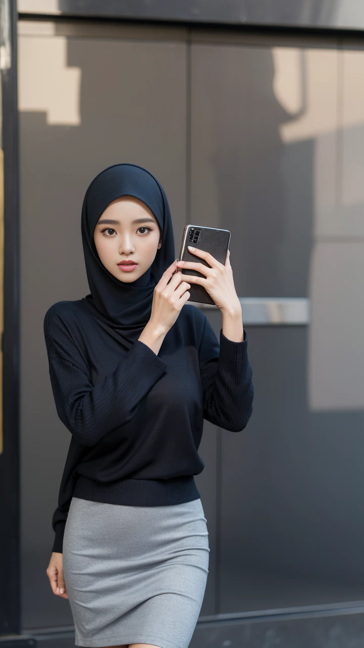 RAW, Best quality, high resolution, masterpiece: 1.3), beautiful Malay woman on hijab (iu:0.8),((big breast)), perfect nose,perfect lips, perfect eyes, detail :1.2),big breast,wearing black skirt and blue sweater, short skirt, short sexy skirt, wearing eloquent long clothes, casual clothing style, simple clothing, wearing eloquent short skirt, modern fashion clothing, casual modern clothing, wearing eloquent clothing, simple dress, graceful smooth body elegant, wearing elegant casual clothes, attractive clothes, wearing long flowing fabrics, modern casual clothes,( body close up)