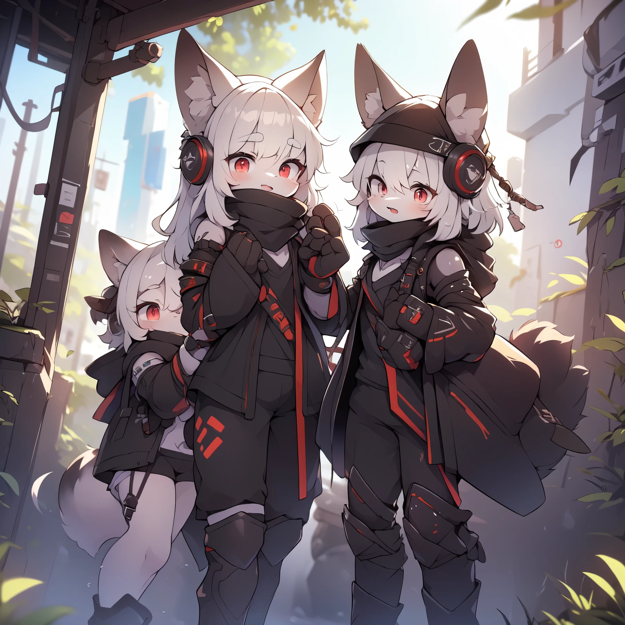 Kawaii, Striped Fluffy Fox, emaciated, long hair, 3girls, artificial synthetic skin, life support prosthetics, digital headphones, black tight latex bodysuit, white long dress, thigh-high-socks, shorts, loose off-the-shoulder hood open jacket, holsters in thigh, Mechanical boots, tactical knee pads, tactical belted loose Arm Sleeves, cybernetic Display gloves, chest rigs, tactical belts, blue archive halo, bulletproof goggles on forehead, from Ark nights, ray tracing, depth of field, bloom, masterpiece, ccurate, high details, highres