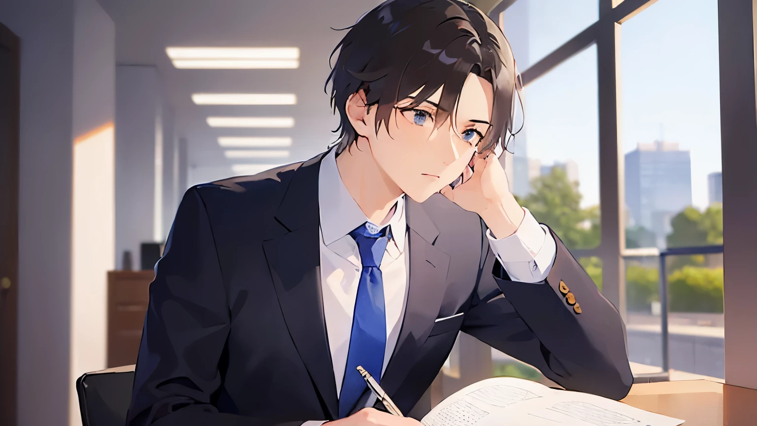(looking away:1.5),Taking notes、upper body、masterpiece、highest quality、BREAK (25-year-old male:1.5) and (brown short hair) and (Green Eyes) BREAK (suit:1.5) and (Blue tie)、Sitting、Serious expression, Background is an office room、alone、Upper body is shown