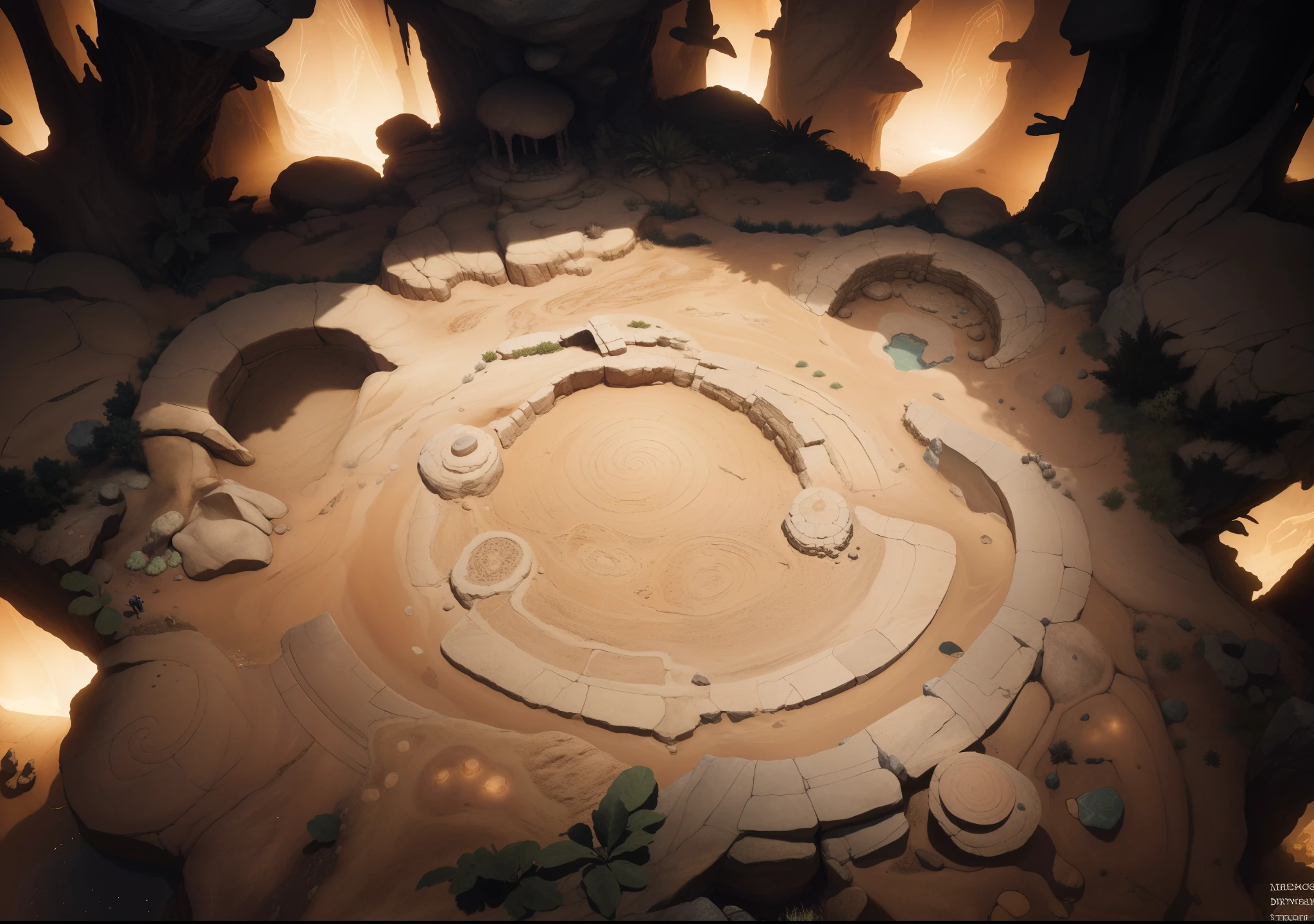(masterpiece:1.1),(highest quality:1.1),(HDR:1),desert Rock texture，flagstone road，warm lights，speleothems，The texture is clear，Ray traching，Dune, dungeoun（The is very detailed，finely detailled，iintricate），8K resolution, birdseye straight top-down shot from a drone, (black necrotic magic in the air:1.2), dungeons and dragons, final fantasy, game art, (coherent architecture and interior, with realistic proportions and textures, intricate details, handdrawn, vibrant, cinematic lighting, masterpiece, 8k:1.2)