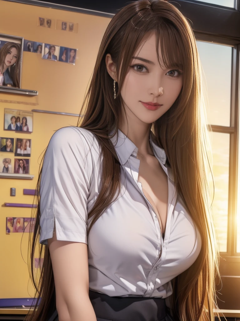 (8ก, 最high quality: 1.2), Very detailed, Complete solution, (Realistic, Realistic photo: 1.37), Portraiture, High resolution RAW color photograph, Professionally arrested, High resolution and beautiful, High resolution, 8ก Image Wallpaper, Amazing details, Large file size, Very detailedな美しい女の子, Very detailed face, (Super beautiful, well-defined eyes:1.8), The nose is precisely shaped., expressive lips,(sunset,Classroom Background:1.2) , One Story, pretty girl, Realistic、 (Movie Scenes,Fantasy art,最high quality,high quality,High resolution,high qualityの質感,Attention to detail,Beautiful details,Fine details,Very detailedなCG,Detailed Texture,Realistic representation of face,Tabletop,before,dynamic,bold),1 Girl,Very detailedな肌,curve,(Covered nipples:0.8),Beautiful breasts,Small breasts,Pale skin,Pointed Chest,Erect nipples,(Very fine hairs),(Super soft hair),(Super Straight Hair),Long, slicked bangs,Very light coppery amber hair,Hair on one eye,Very lean body,Smart Abs,( School teacher clothes:1.5),(smile:1.3),