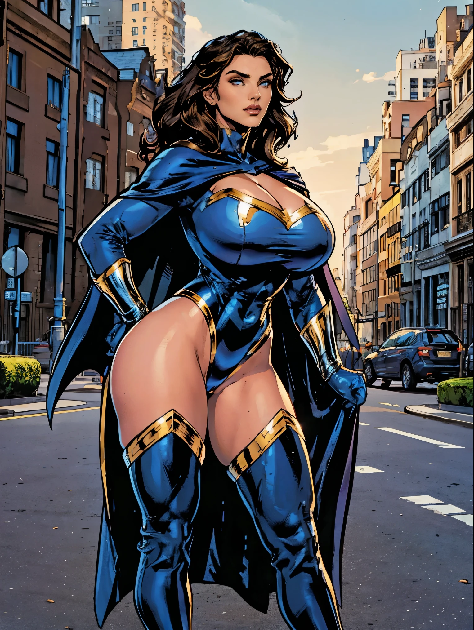 Gorgeous and sultry busty athletic (thin) brunette with sharp facial features wearing a white and gold superhero leotard, dark blue cape, gloves, thigh-high boots. Standing, city street. Muscle.