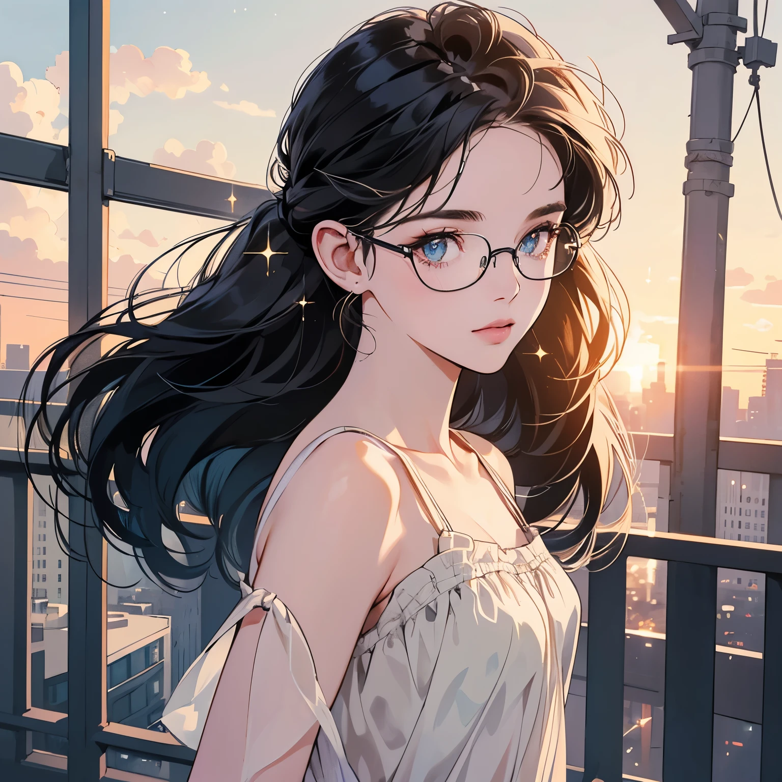 Upper body, 1 Woman, Top Quality, 14k, wind blowing, white camisole, sunset, skyscraper, power lines, crosswalk, sign,(((sparkling eyes))), (((mysterious))), Pale black hair, detailed hair, detailed background, top quality, light lighting, backlight, dim, clouds, front, (((overhead shot))), looking at viewer backlight, dim, clouds, frontal face, looking at viewer,(((Various hairstyles))),Very beautiful women, Noble,Apartment balcony,Various angles,glasses