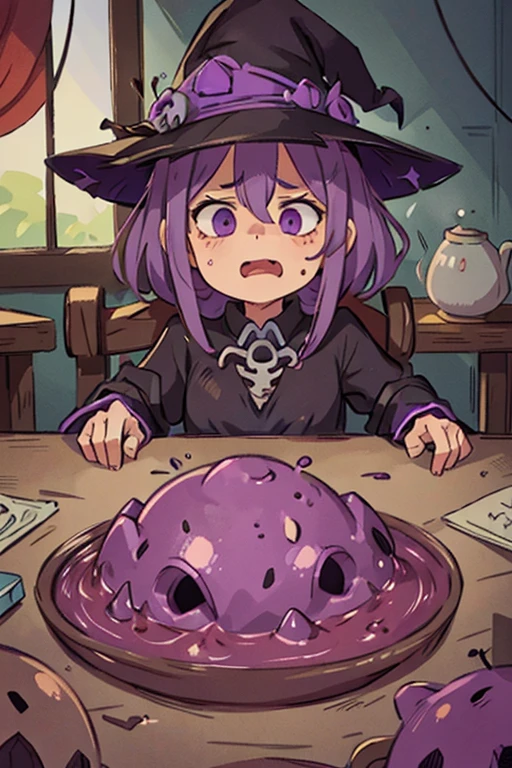A pot of purple -gray sludge filled with bones s d rotten flesh sits on a table. The people around it are disgusted, while the witch serving it seems pleased.