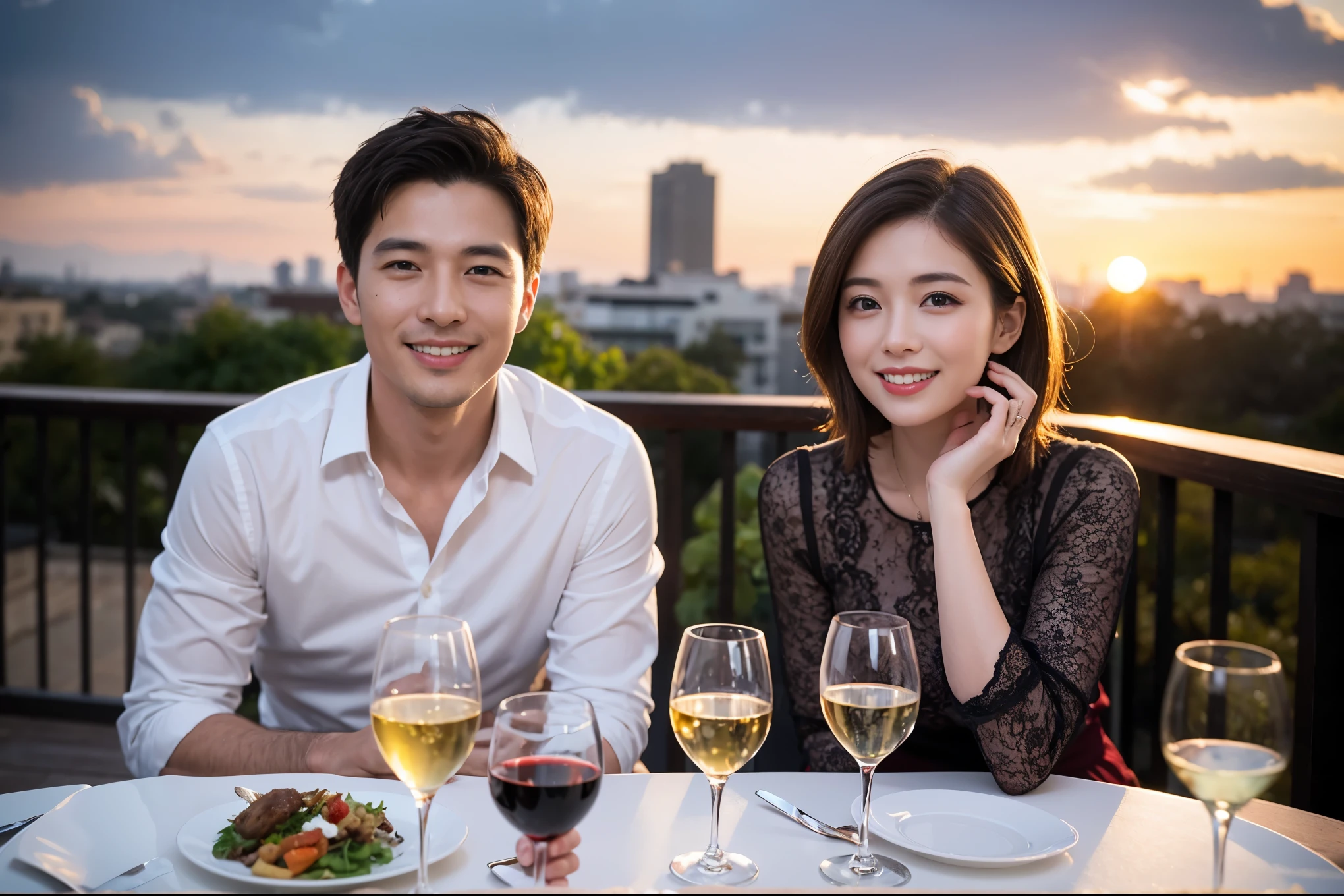 ((highest quality、8k、masterpiece:1.3))、 (Realistic, Real、Bright image、Intricate details:1.2), Best smile 1 man 1 woman、Beautiful couple、lover、couple、spouse、Beautiful couple、Happy smile、full-course dinner、 (Slim face), (Slim Body), (Brown Hair), (Short Hair), テーブルの上のwine glass、Please put light on my face、 Amazing view of the sunset sky and clouds、 (Age 36), 39 years old, red wine 、Appetizers、Wine bottle、sparkling wine、Long sleeve shirt、dress、White wine, red wine, wine glass,