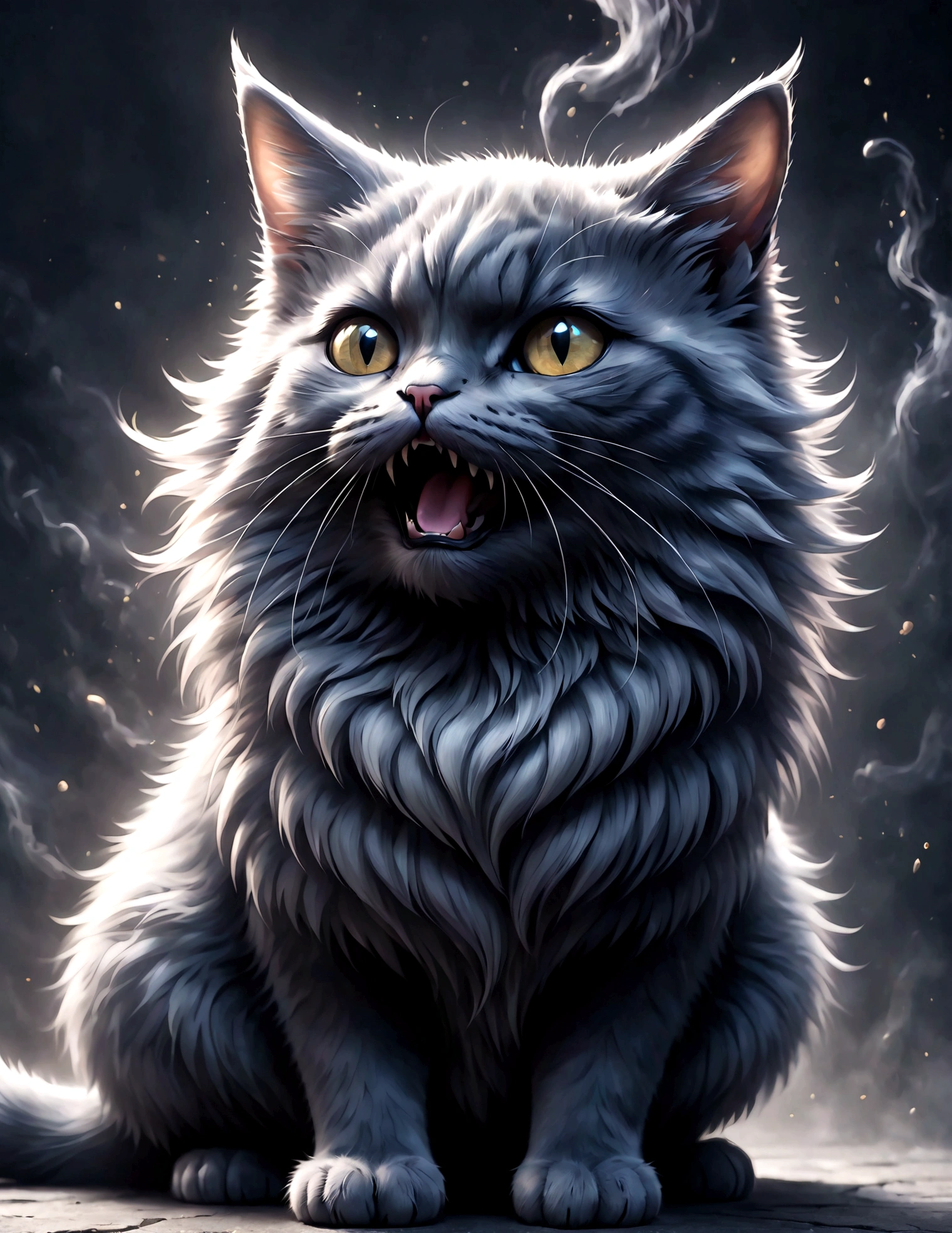 Photo of a cat that hates humans,(Cat 1,Photoreal,focus on reality,disgust that cannot be hidden,(Sense of distrust),(anger),(disgust),open your mouth,(threatening behavior),Create a background with the image of disgust,dim background,Swirling black mist,Light and darkness,fluffy cat,anatomically correct