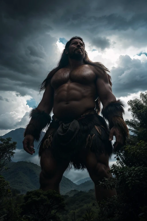 Imagina un Gigante, an imposing and majestic figure of enormous size, much taller than the surrounding trees with long hair, ondulado y de un color oscuro, fluyendo libremente con el viento, con Ojos Brillantes, como si emitieran luz propia, standing out on your face, una Voz atronadora con eco alrededor de su boca y Cuerpo Musculoso y fuerte, mostrando su poder y fuerza bruta. The Giant is in the middle of throwing an indigenous man from the Michu tribe towards the mountain ranges. The indigenous can be seen in the air, with an expression of surprise and fear with a dramatic sky atmosphere, perhaps with dark clouds and lightning in the distance, to accentuate the atmosphere of the legend, dense vegetation, with tall, leafy trees around the Giant. Las cordilleras al fondo, adding depth and geographic context to the scene.