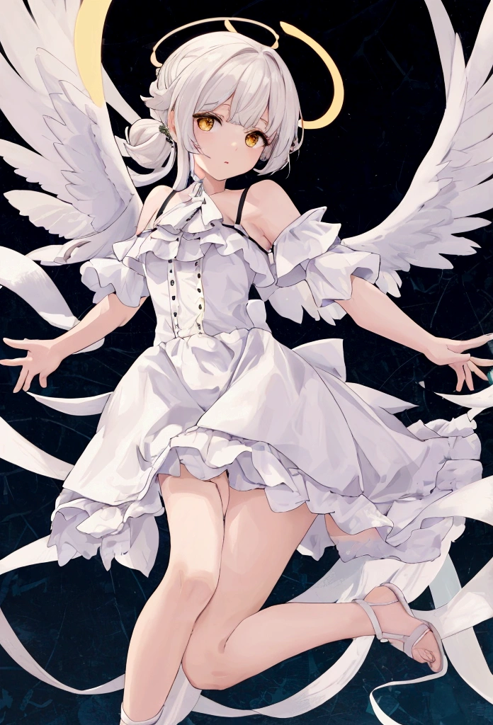 (high quality) (最high quality) (woman) (Correct physiognomy) (5 fingers on each hand) (Two Arms) (Two-eyed) woman, White hair with bangs on forehead, She has four little angel wings coming out of her head. , Two on the left、Two on the right, Two angel wings growing from her back, She has a golden halo behind her head, Golden Eyes, Soft lips, middle aged, White dress with shoulder straps, An angled skirt cut that exposes one leg, 写真の場所 womanは森の真ん中にいるはずだ, Photographic lighting: sunlight, Whole body proportions, The whole body is in the photo, Two Arms, 2 legs only