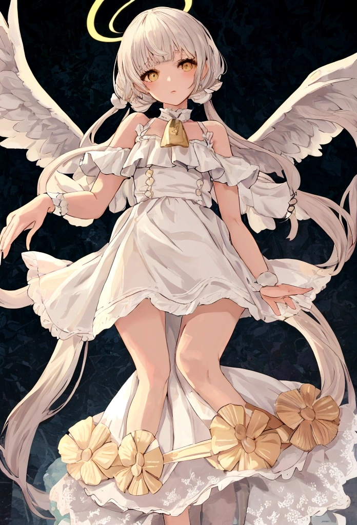 (high quality) (最high quality) (woman) (Correct physiognomy) (5 fingers on each hand) (Two Arms) (Two-eyed) woman, White hair with bangs on forehead, She has four little angel wings coming out of her head. , Two on the left、Two on the right, Two angel wings growing from her back, She has a golden halo behind her head, Golden Eyes, Soft lips, middle aged, White dress with shoulder straps, An angled skirt cut that exposes one leg, 写真の場所 womanは森の真ん中にいるはずだ, Photographic lighting: sunlight, Whole body proportions, The whole body is in the photo, Two Arms, 2 legs only