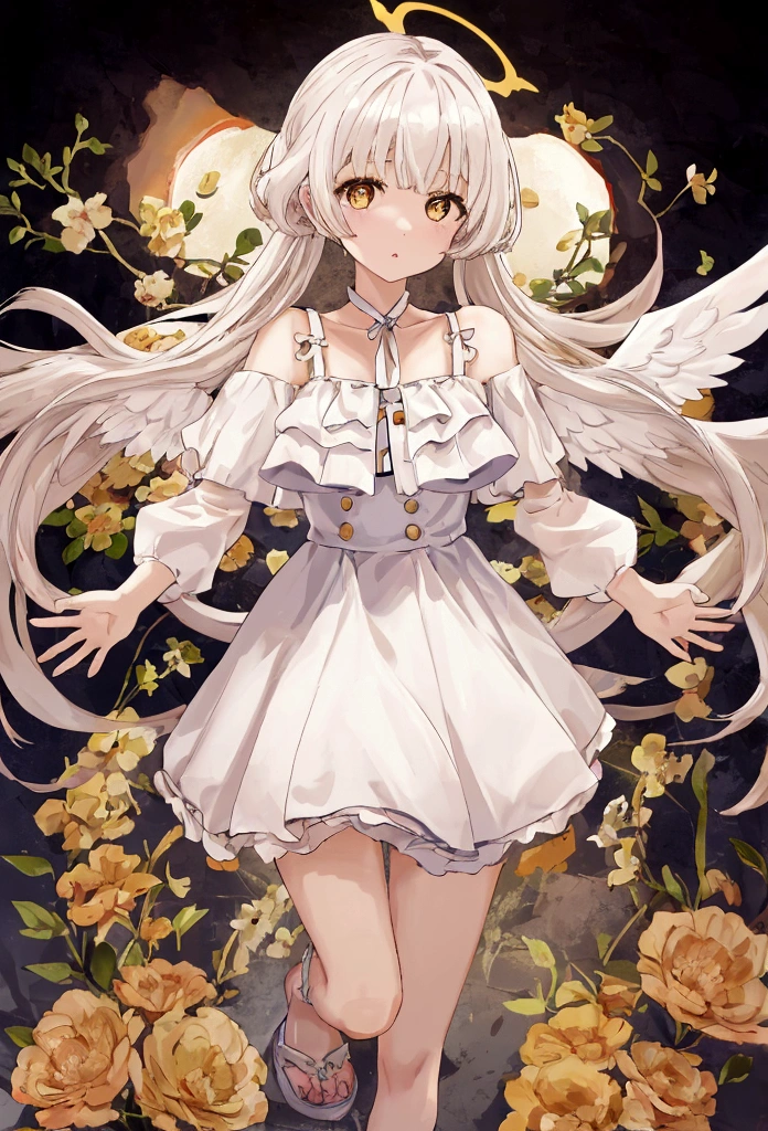 (high quality) (最high quality) (woman) (Correct physiognomy) (5 fingers on each hand) (Two Arms) (Two-eyed) woman, White hair with bangs on forehead, She has four little angel wings coming out of her head. , Two on the left、Two on the right, Two angel wings growing from her back, She has a golden halo behind her head, Golden Eyes, Soft lips, middle aged, White dress with shoulder straps, An angled skirt cut that exposes one leg, 写真の場所 womanは森の真ん中にいるはずだ, Photographic lighting: sunlight, Whole body proportions, The whole body is in the photo, Two Arms, 2 legs only