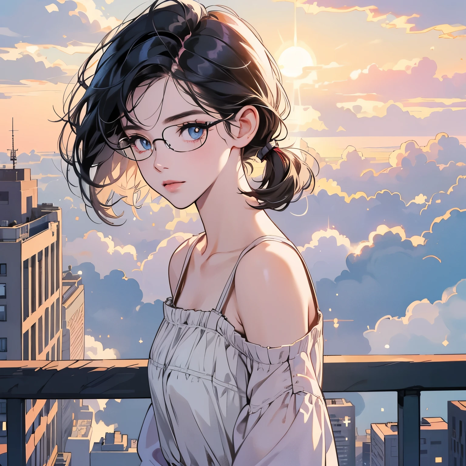 Upper body, 1 Woman, Top Quality, 14k, wind blowing, white camisole, sunset, skyscraper, power lines, crosswalk, sign,(((sparkling eyes))), (((mysterious))), Pale black hair, detailed hair, detailed background, top quality, light lighting, backlight, dim, clouds, front, (((overhead shot))), looking at viewer backlight, dim, clouds, frontal face, looking at viewer,(((Various hairstyles))),Very beautiful women, Noble,Apartment balcony,Various angles,glasses,short hair