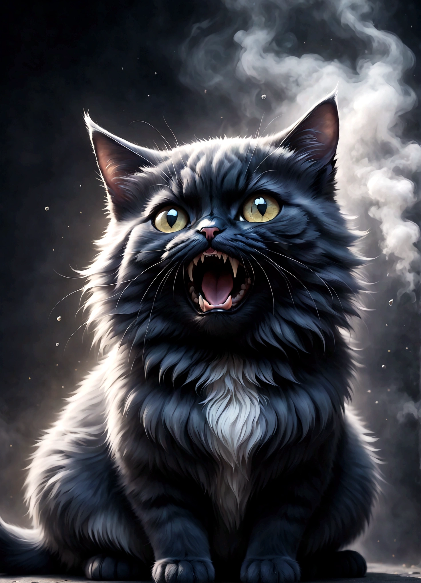 Photo of a cat that hates humans,(Cat 1,Photoreal,focus on reality,disgust that cannot be hidden,(Sense of distrust),(anger),(disgust),open your mouth,cat's threatening behavior),Create a background with the image of disgust,dim background,Swirling black mist,Light and darkness,fluffy cat,anatomically correct