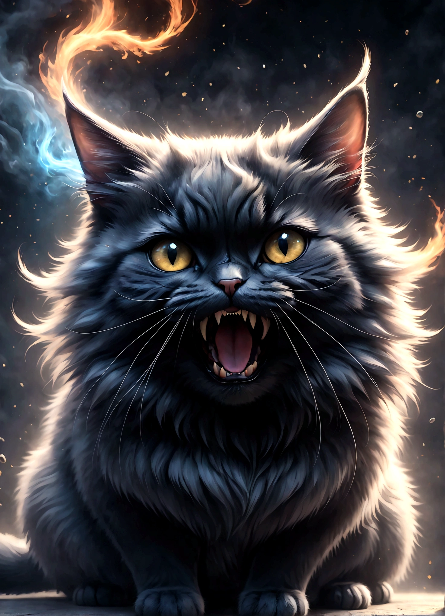 Photo of a cat that hates humans,(Cat 1,Photoreal,focus on reality,disgust that cannot be hidden,(Sense of distrust),(anger),(disgust),open your mouth,cat's threatening behavior),Create a background with the image of disgust,dim background,Swirling black mist,Light and darkness,fluffy cat,anatomically correct