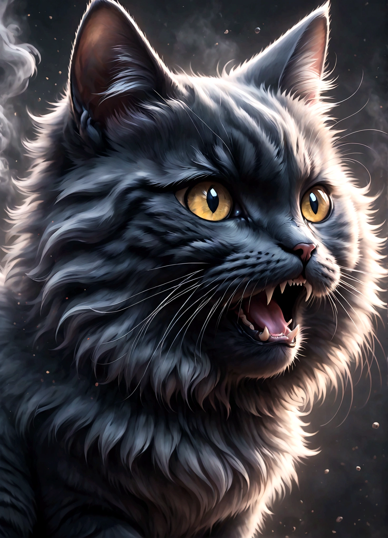 Photo of a cat that hates humans,(Cat 1,Photoreal,focus on reality,disgust that cannot be hidden,(Sense of distrust),(anger),(disgust),open your mouth,cat's threatening behavior),Create a background with the image of disgust,dim background,Swirling black mist,Light and darkness,fluffy cat,anatomically correct
