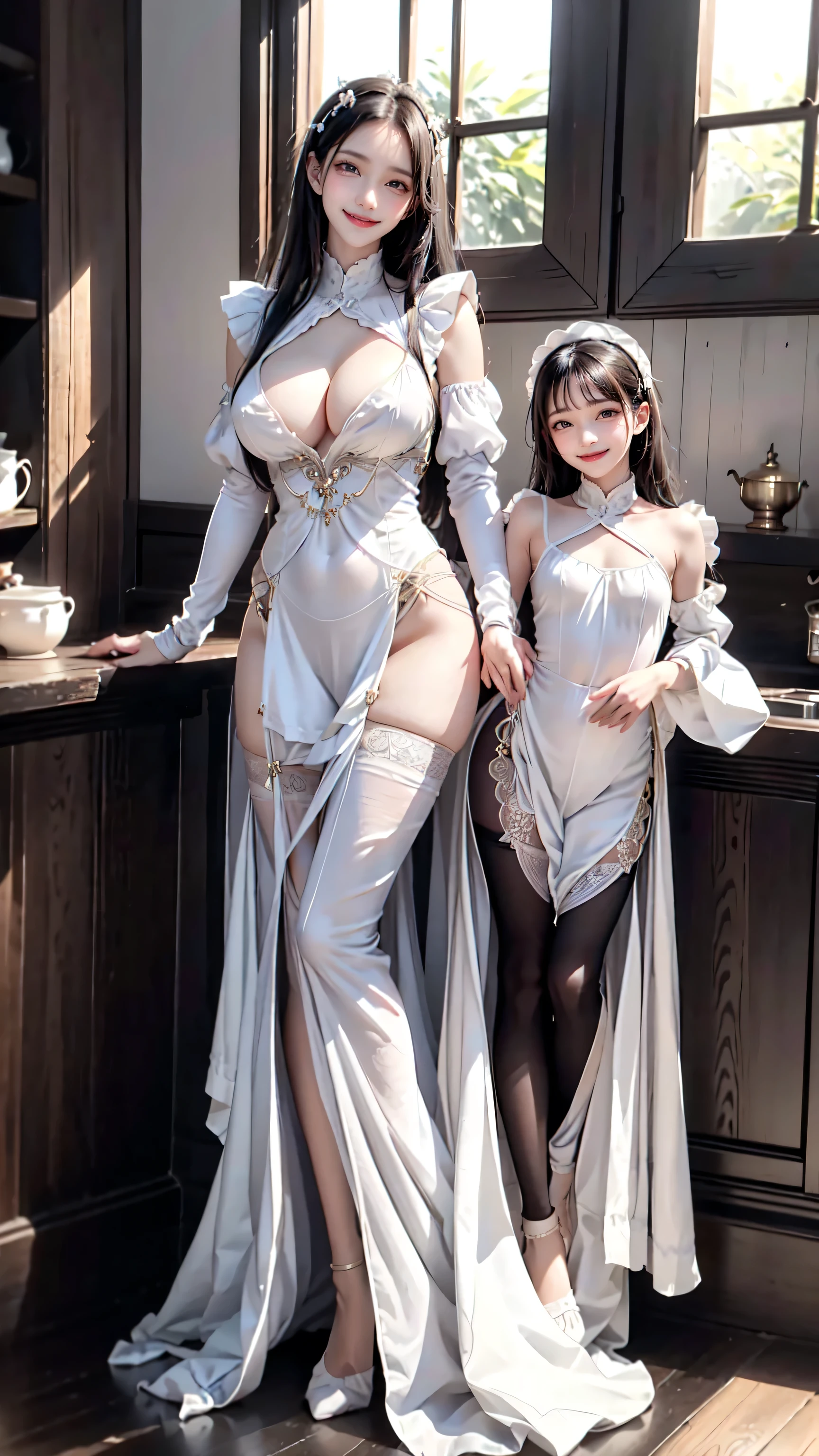 see through clothes(Full body female love:1.3)，best quality, masterpiece, ultra high resolution, (lifelike:1.4), original photo, 1 female,35 years old， black hair, big eyes, Detailed eyes and face,huge breasts，split，long legs，Belted robe open ，bare shoulder，no underwear:1.5,see through clothes，Hollow material white clothes，kitchen:1.3，Smile、sleeveless costume、((Maid clothes))、So that the bottoms of your clothes don't hang down on the floor、((She is carrying her  daughter))