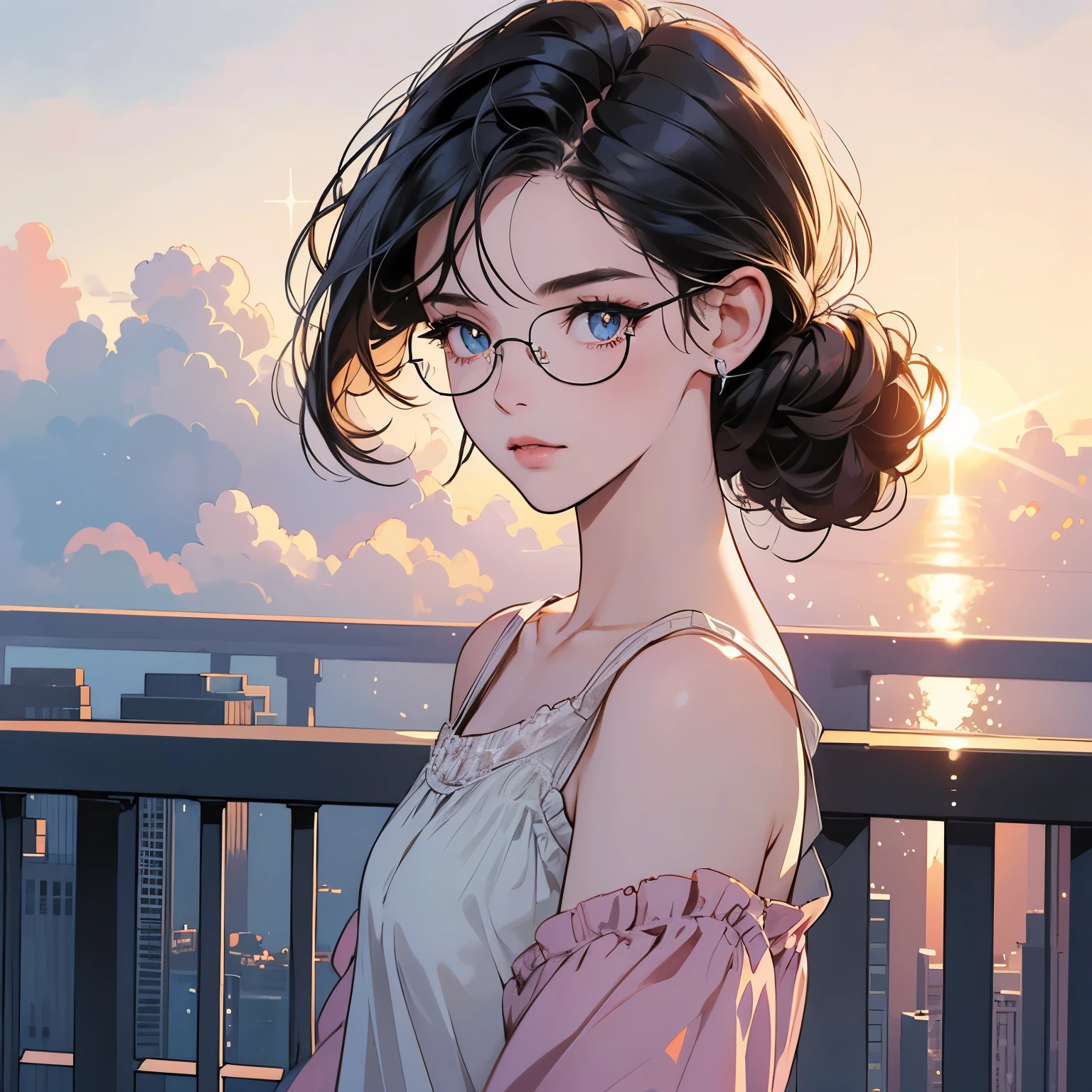 Upper body, 1 Woman, Top Quality, 14k, wind blowing, white camisole, sunset, skyscraper, power lines, crosswalk, sign,(((sparkling eyes))), (((mysterious))), Pale black hair, detailed hair, detailed background, top quality, light lighting, backlight, dim, clouds, front, (((overhead shot))), looking at viewer backlight, dim, clouds, frontal face, looking at viewer,(((Various hairstyles))),Very beautiful women, Noble,Apartment balcony,Various angles,glasses,short hair