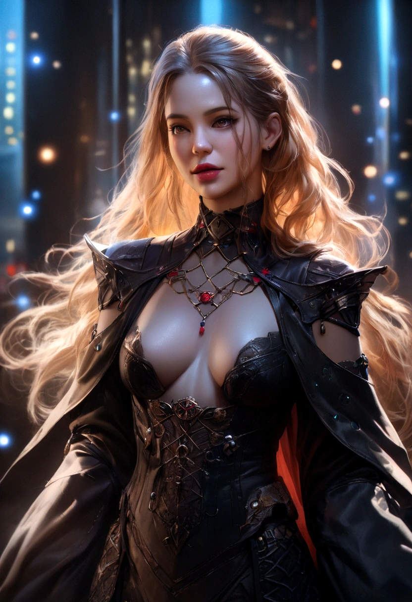 high quality, intricate details, awe-inspiring, (best quality, 4k, 8k, highres, masterpiece:1.2), ultra-detailed, (realistic, photorealistic, photo-realistic:1.37), HDR, UHD, studio lighting, ultra-fine painting, sharp focus, physically-based rendering, extreme detail description, professional, vivid colors, bokeh, fantasy, magic, sorceress, female mage, arcane punk, cyberpunk, futuristic, atmospheric, moody lighting, intricate costume design, flowing robes, intricate jewelry, piercing gaze, seductive expression, porcelain skin, long hair, dramatic makeup