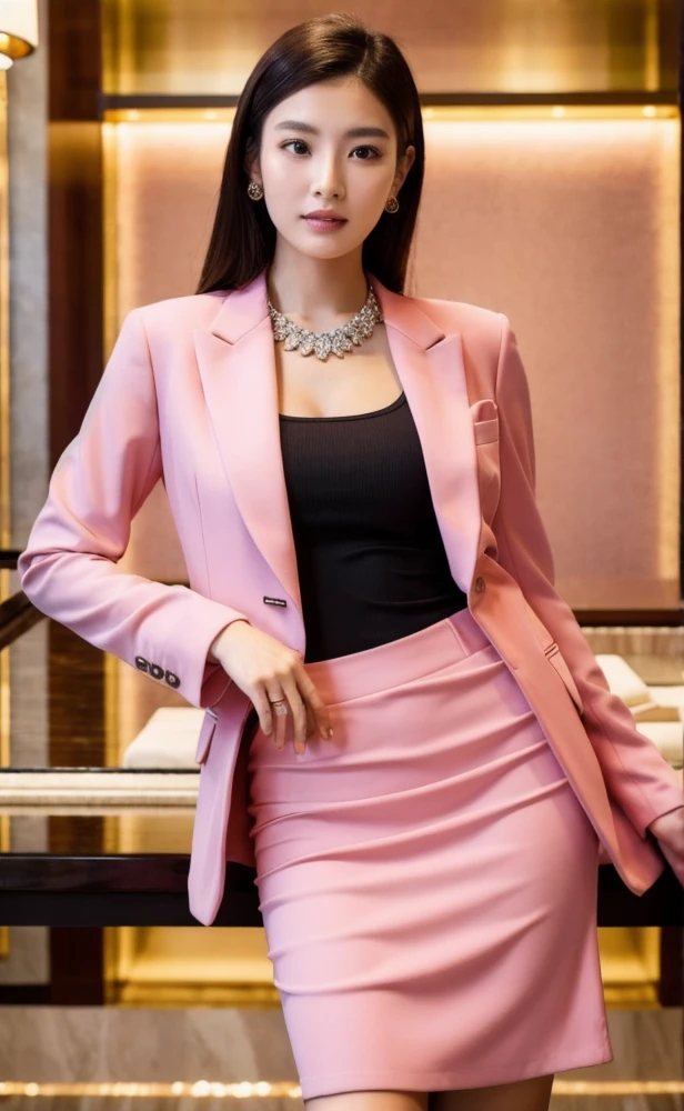 A woman wear pink suit, (tight skirt), Gorgeous Chinese model, beautiful asian girl, In a luxury jewelry store,