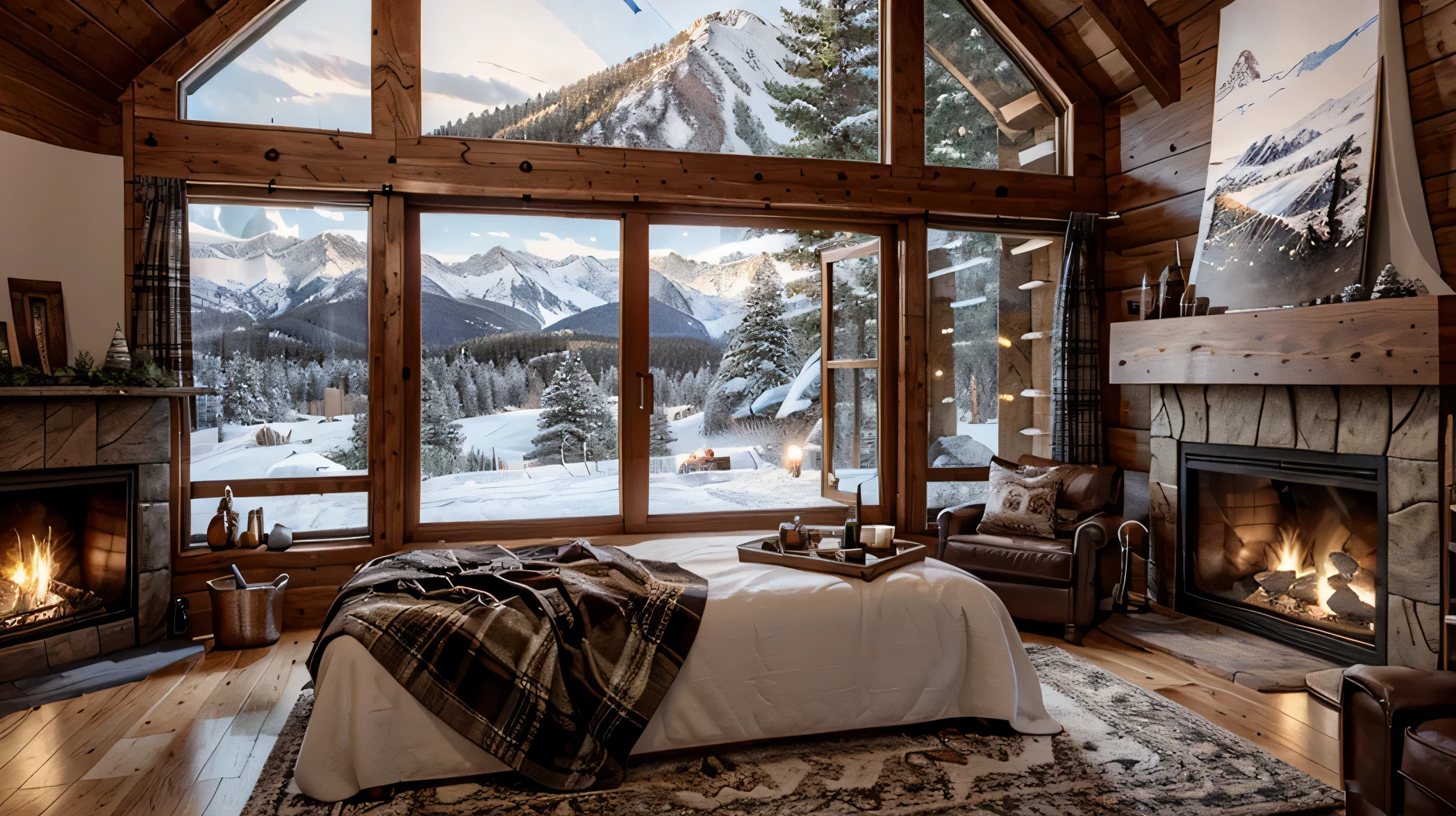 Luxury cabin in the snowy mountains, Cozy Fireplace, Plaid Blanket, and hot cocoa, Panoramic windows reveal a winter wonderland, This scene makes people feel warm and peaceful, 3d rendering