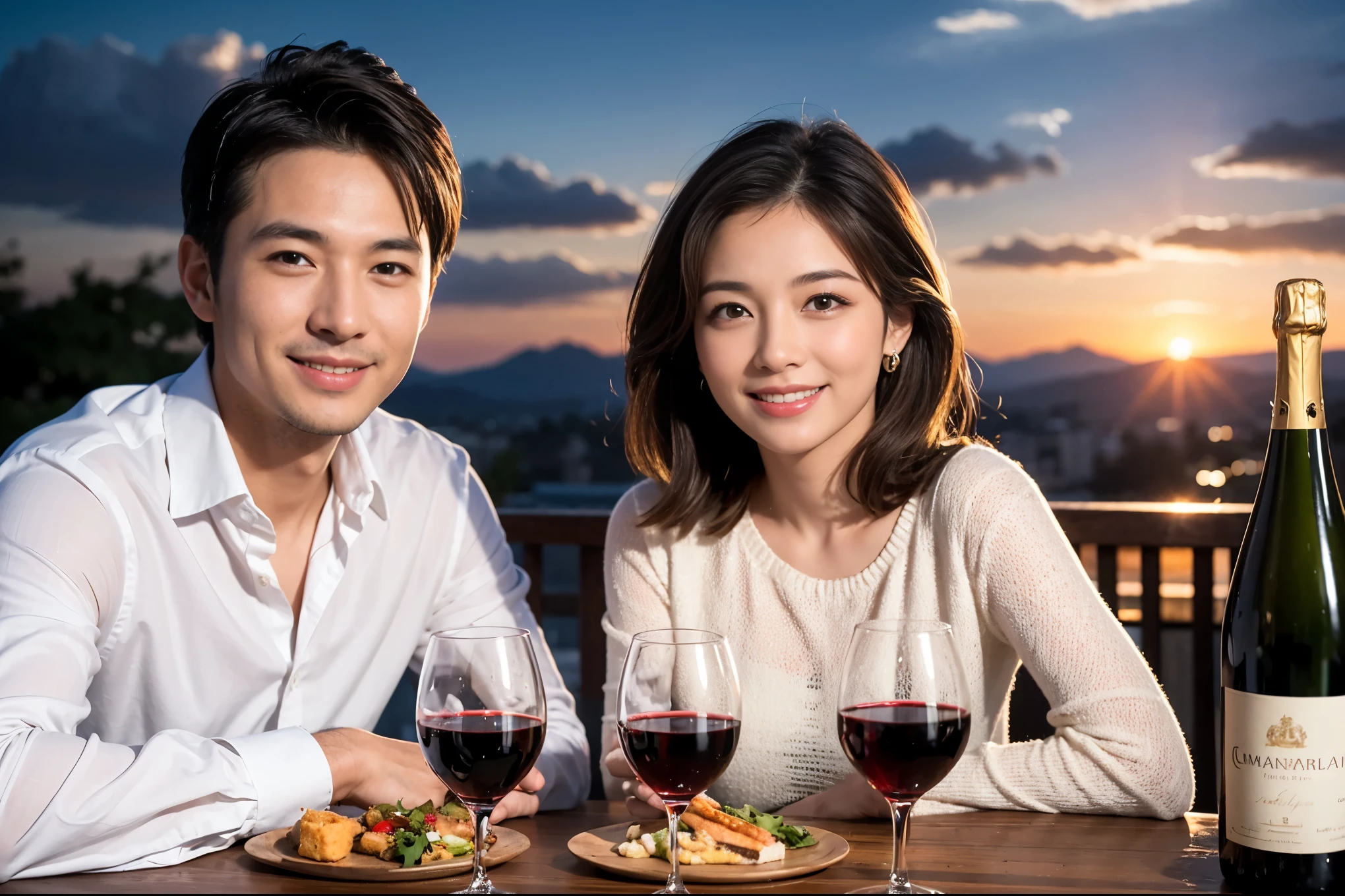 ((highest quality、8k、masterpiece:1.3))、 (Genuineistic, Genuine、Bright image、Intricate details:1.2), Best smile 1 man 1 woman、Beautiful Couple、spouse、Couple、spouse、Beautiful Couple、Smile、full-course dinner、 (Slim face), (The body is slim), (Brown Hair), (short hair), テーブルの上のwine glass、Please shine a light on my face、 Amazing view of the sunset sky and clouds、 (Age 44), 41 years old, red wine 、Appetizers、Wine bottle、sparkling wine、Long sleeve shirt、dress、White wine, red wine, wine glass,
