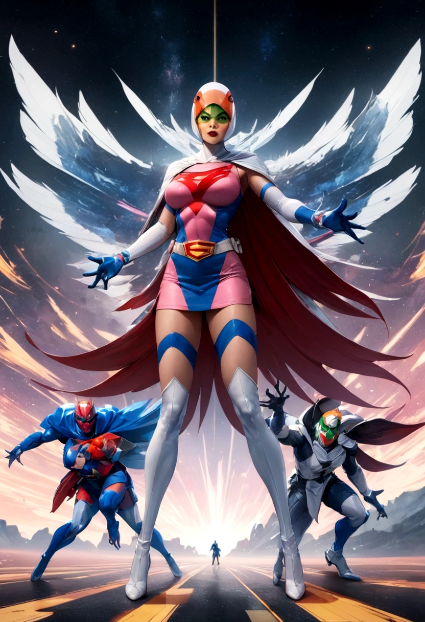 Gatchaman, (Masked superheroes), Iconic heroes, The Guardians of Earth, Science Ninja Team, (Stunning superheroes), (Vibrant colors), Space-themed costumes, Sleek gauntlets and helmets, Silver and blue agile figures, (Incredible detail), (Capital city backdrop), Defending humanity with courage, Spectacular pose, Iconic "KEN", "Joe", "Jun", "Kenichi", and "Jinpei", Patrolling the skies, Ready to battle the evil Galactor, Stunning visual treat, (Colorful animation), Formations of spark, breasts, giga_busty, Hi3JTS, full body shot from side