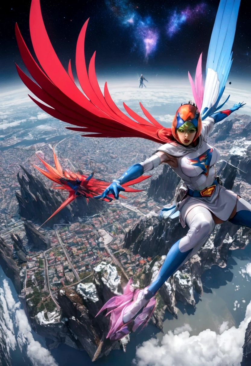 Gatchaman, (Masked superheroes), Iconic heroes, The Guardians of Earth, Science Ninja Team, (Stunning superheroes), (Vibrant colors), Space-themed costumes, Sleek gauntlets and helmets, Silver and blue agile figures, (Incredible detail), (Capital city backdrop), Defending humanity with courage, Spectacular pose, Iconic "KEN", "Joe", "Jun", "Kenichi", and "Jinpei", Patrolling the skies, Ready to battle the evil Galactor, Stunning visual treat, (Colorful animation), Formations of spark, breasts, giga_busty, Hi3JTS, full body shot from side