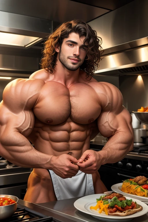 1 sexy boy with wavy hair that covers half of his face and very handsome, super strong with a lot of muscle., completamente desnudo, use a very small chef's apron, revelador, sexi, aceitoso.