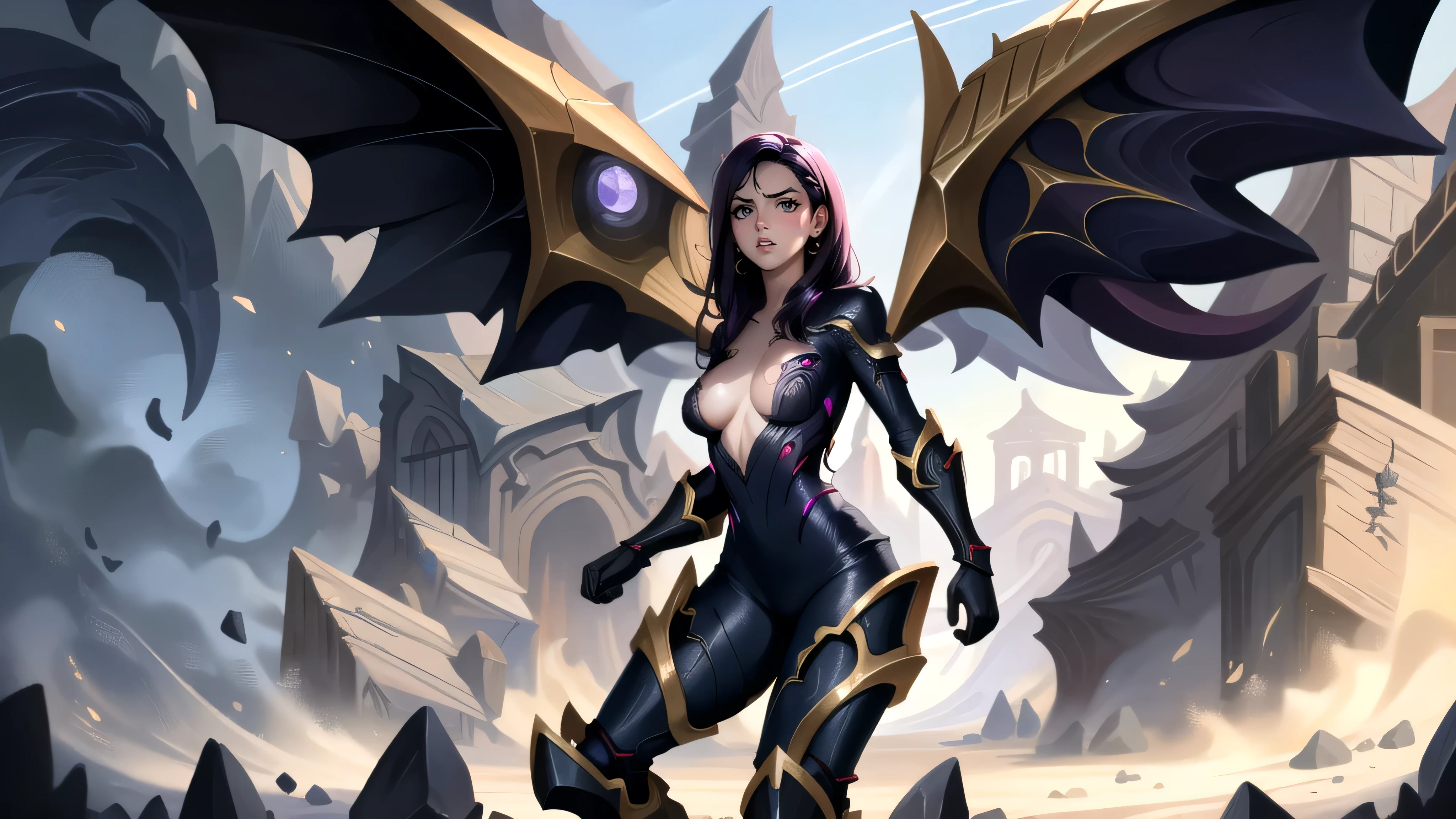 (Obra de arte, melhor qualidade), detalhes intrincados, 1 garota, kaisa, armaduras, May, tentacles, Vazio, Corpo De frente, seios grandes