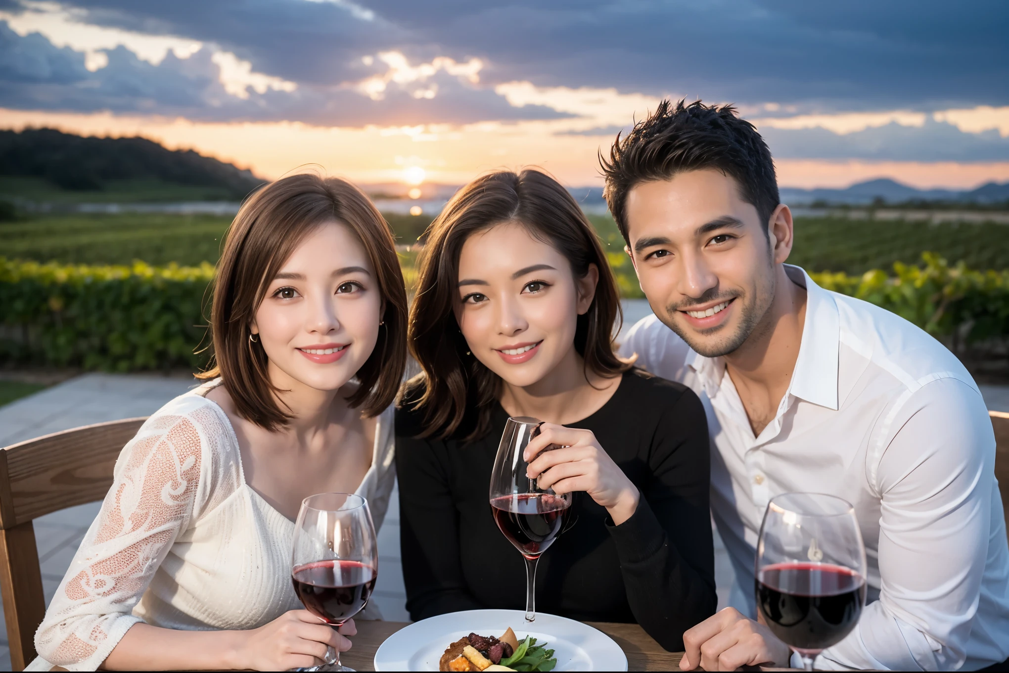 ((highest quality、8k、masterpiece:1.3))、 (Genuineistic, Genuine、Bright image、Intricate details:1.2), Best smile 1 man 1 woman、Beautiful Couple、spouse、Couple、spouse、Beautiful Couple、Smile、full-course dinner、 (Slim face), (The body is slim), (Brown Hair), (short hair), テーブルの上のwine glass、Please shine a light on my face、 Amazing view of the sunset sky and clouds、 (Age 44), 41 years old, red wine 、Appetizers、Wine bottle、sparkling wine、Long sleeve shirt、dress、White wine, red wine, wine glass,