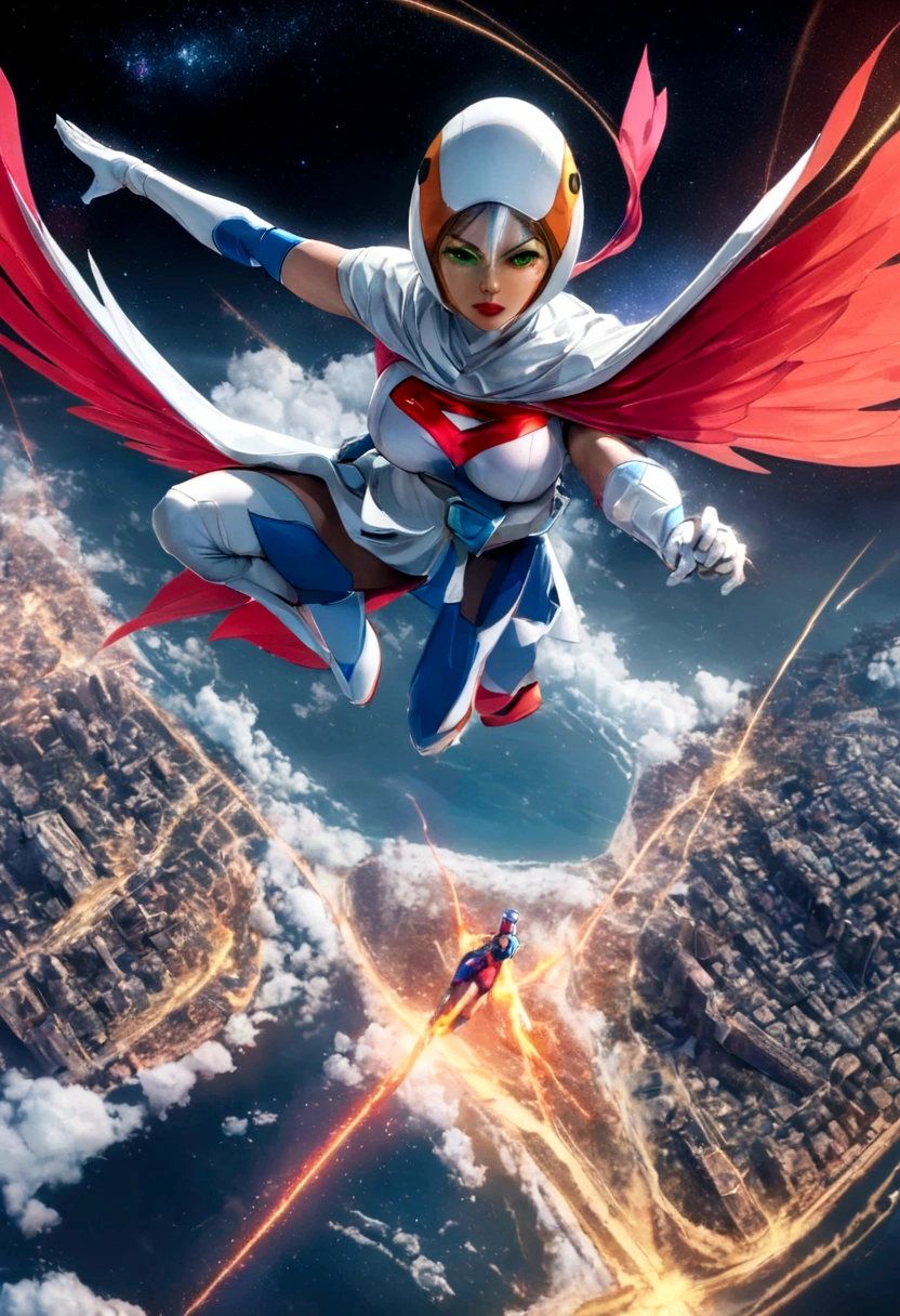 Gatchaman, (Masked superheroes), Iconic heroes, The Guardians of Earth, Science Ninja Team, (Stunning superheroes), (Vibrant colors), Space-themed costumes, Sleek gauntlets and helmets, Silver and blue agile figures, (Incredible detail), (Capital city backdrop), Defending humanity with courage, Spectacular pose, Iconic "KEN", "Joe", "Jun", "Kenichi", and "Jinpei", Patrolling the skies, Ready to battle the evil Galactor, Stunning visual treat, (Colorful animation), Formations of spark, breasts, giga_busty, Hi3JTS, full body shot from above