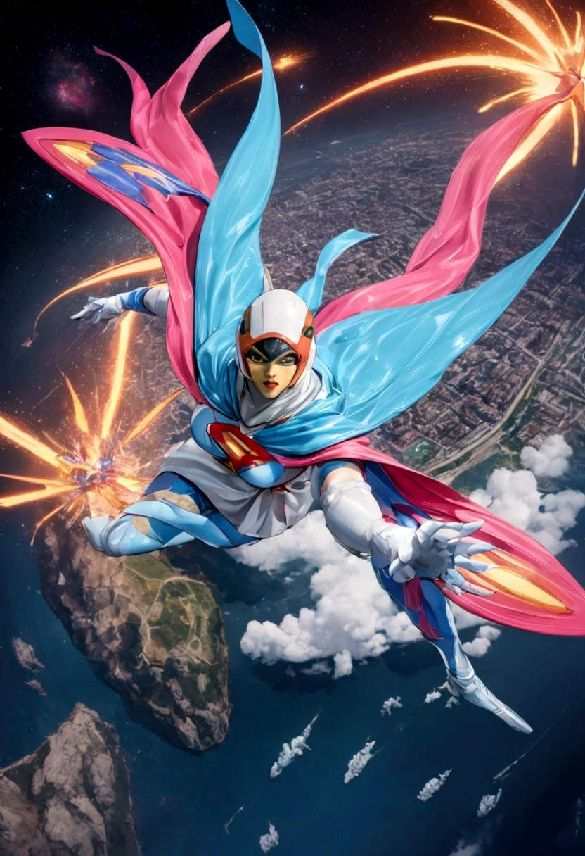 Gatchaman, (Masked superheroes), Iconic heroes, The Guardians of Earth, Science Ninja Team, (Stunning superheroes), (Vibrant colors), Space-themed costumes, Sleek gauntlets and helmets, Silver and blue agile figures, (Incredible detail), (Capital city backdrop), Defending humanity with courage, Spectacular pose, Iconic "KEN", "Joe", "Jun", "Kenichi", and "Jinpei", Patrolling the skies, Ready to battle the evil Galactor, Stunning visual treat, (Colorful animation), Formations of spark, breasts, giga_busty, Hi3JTS, full body shot from above